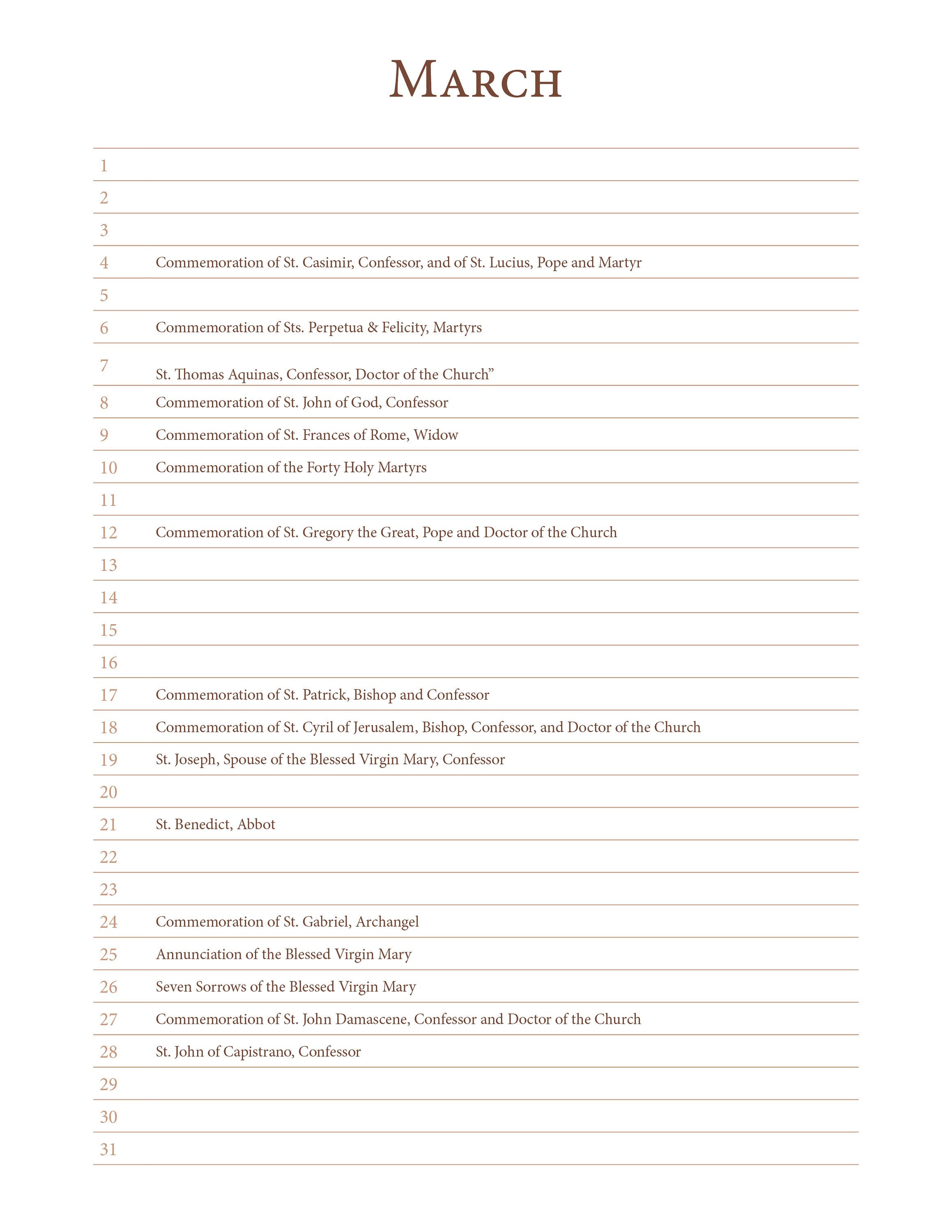 A Perpetual List Calendar of Saints and Non-Moveable Feasts - Liturgical Calendar based on 1962 Missal