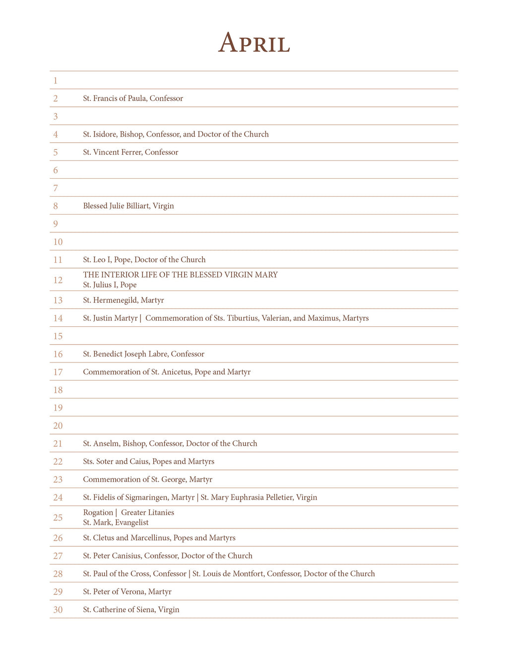 A Perpetual List Calendar of Saints and Non-Moveable Feasts - Liturgical Calendar based on 1962 Missal