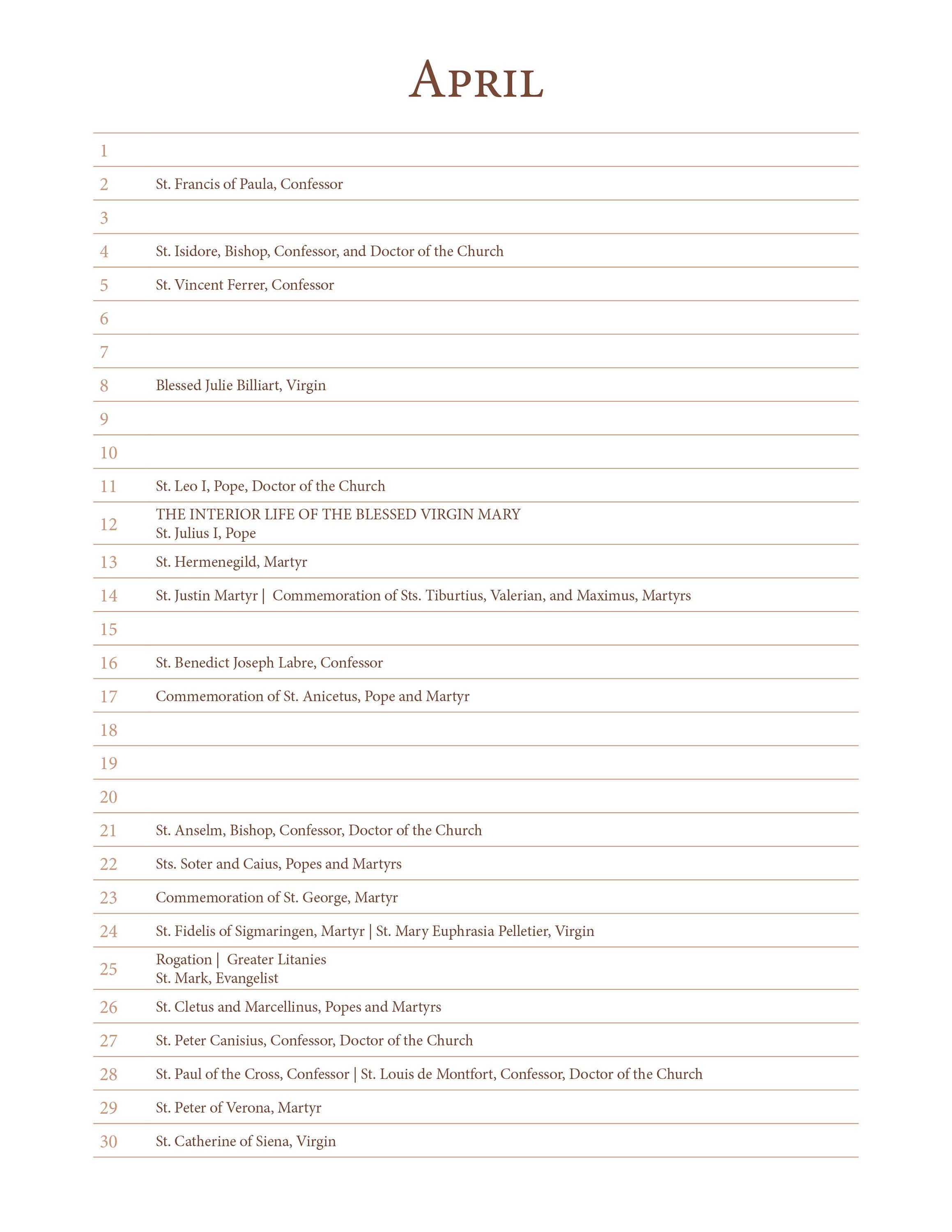 A Perpetual List Calendar of Saints and Non-Moveable Feasts - Liturgical Calendar based on 1962 Missal