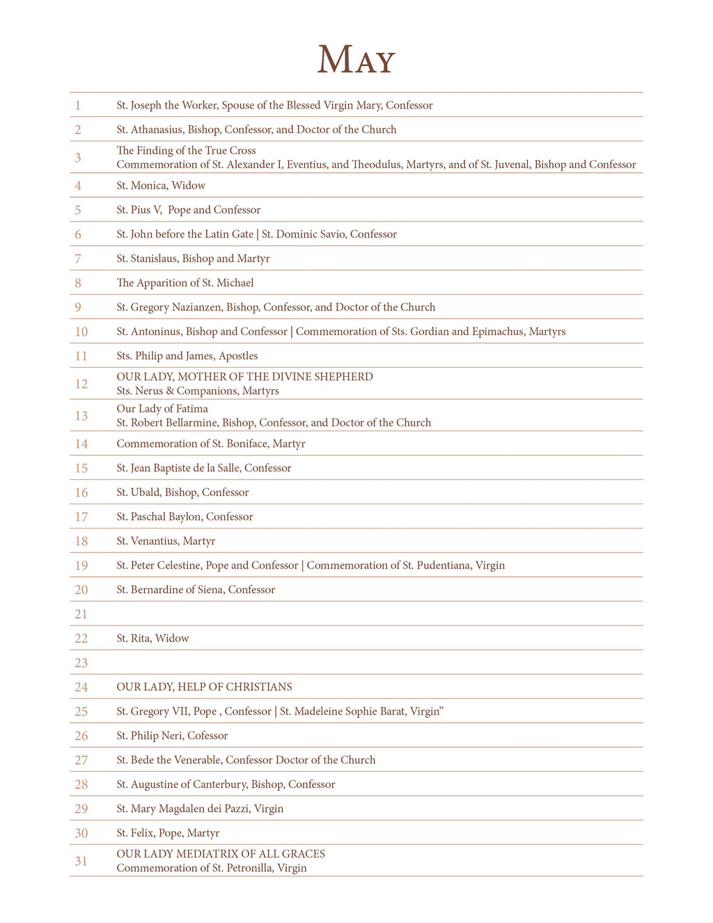 A Perpetual List Calendar of Saints and Non-Moveable Feasts - Liturgical Calendar based on 1962 Missal