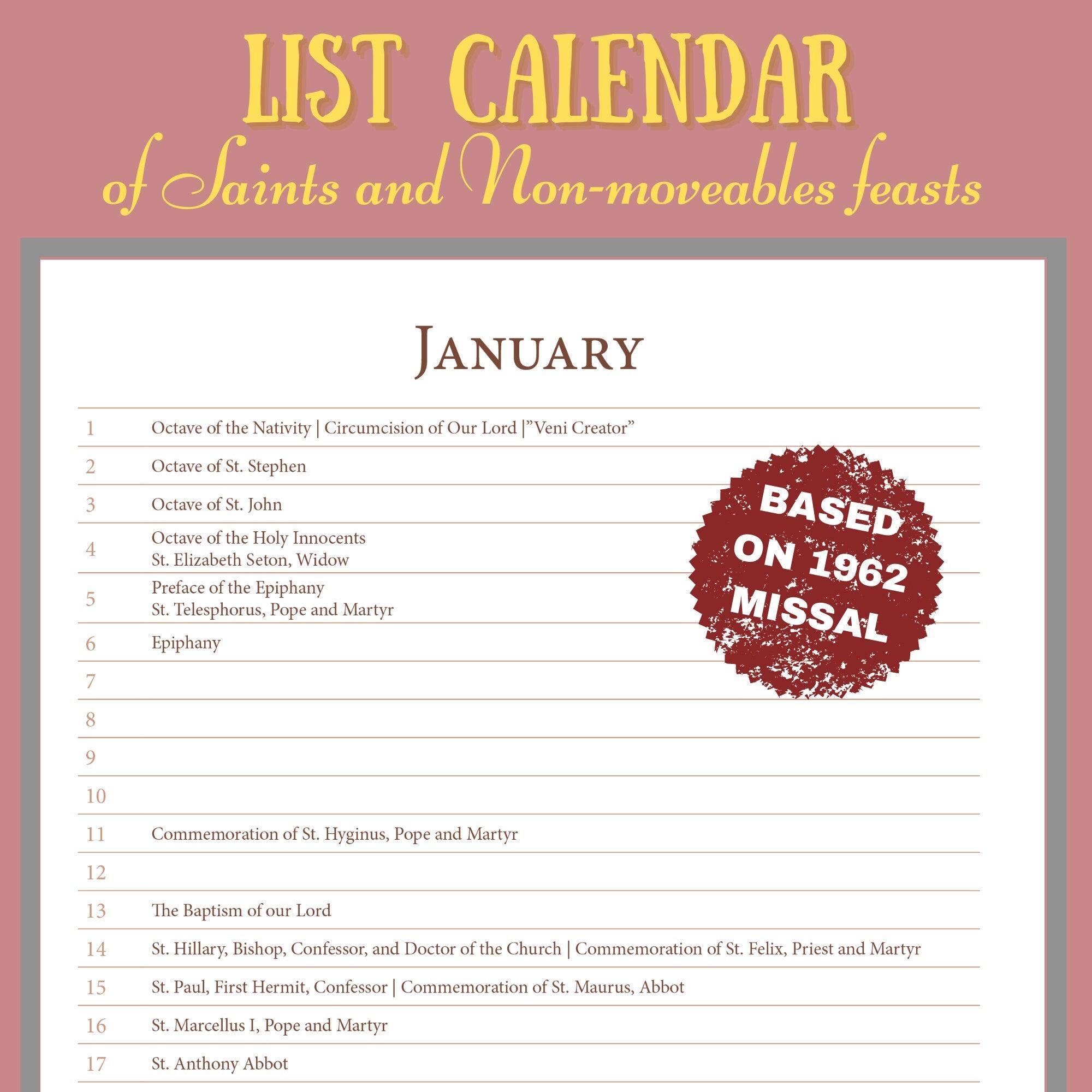 A Perpetual List Calendar of Saints and Non-Moveable Feasts - Liturgical Calendar based on 1962 Missal