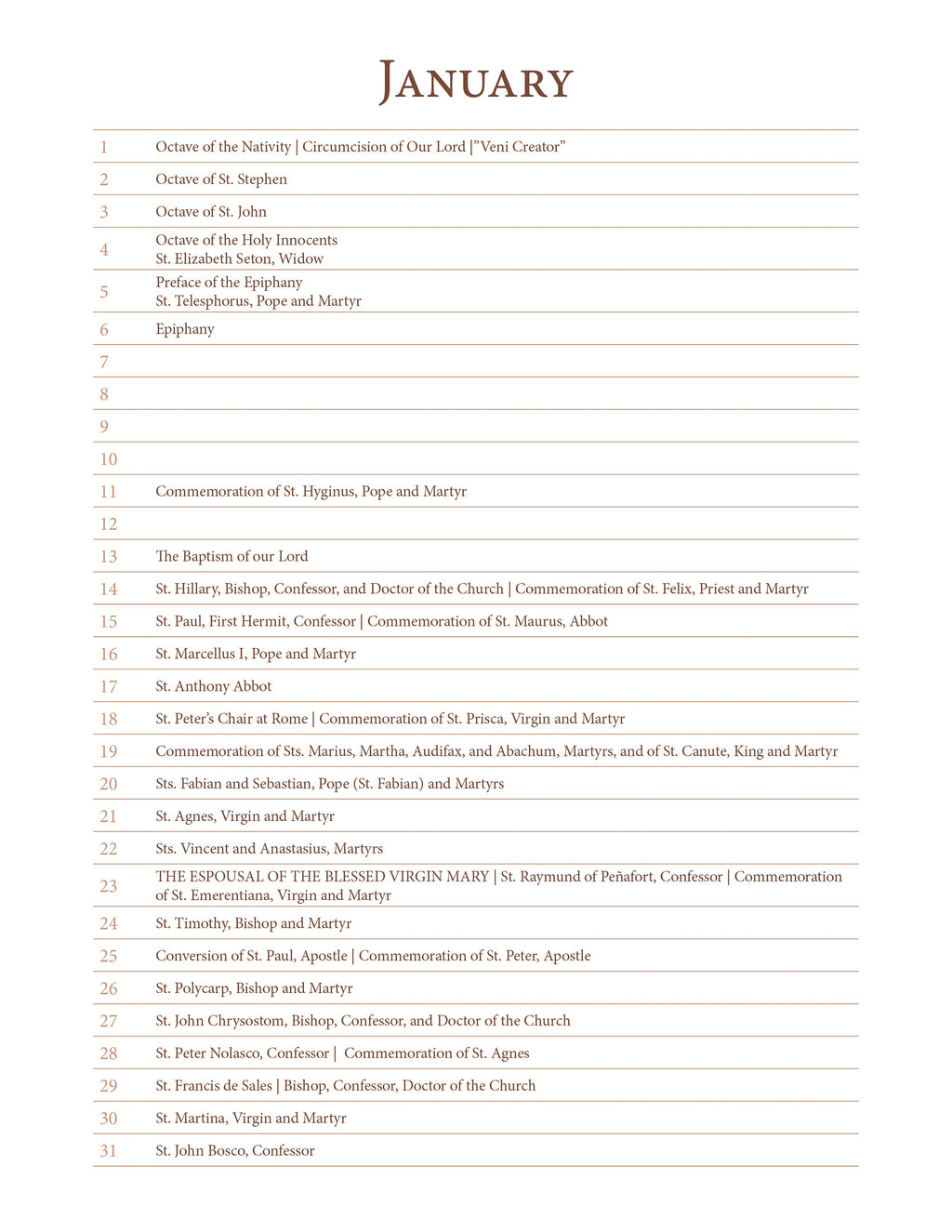 A Perpetual List Calendar of Saints and Non-Moveable Feasts - Liturgical Calendar based on 1962 Missal