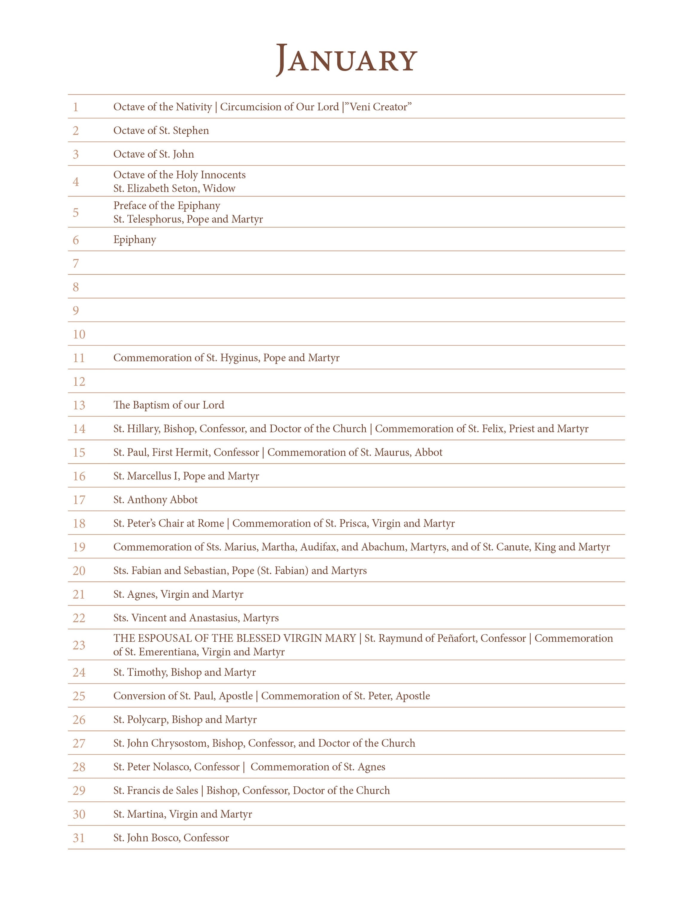 A Perpetual List Calendar of Saints and Non-Moveable Feasts - Liturgical Calendar based on 1962 Missal