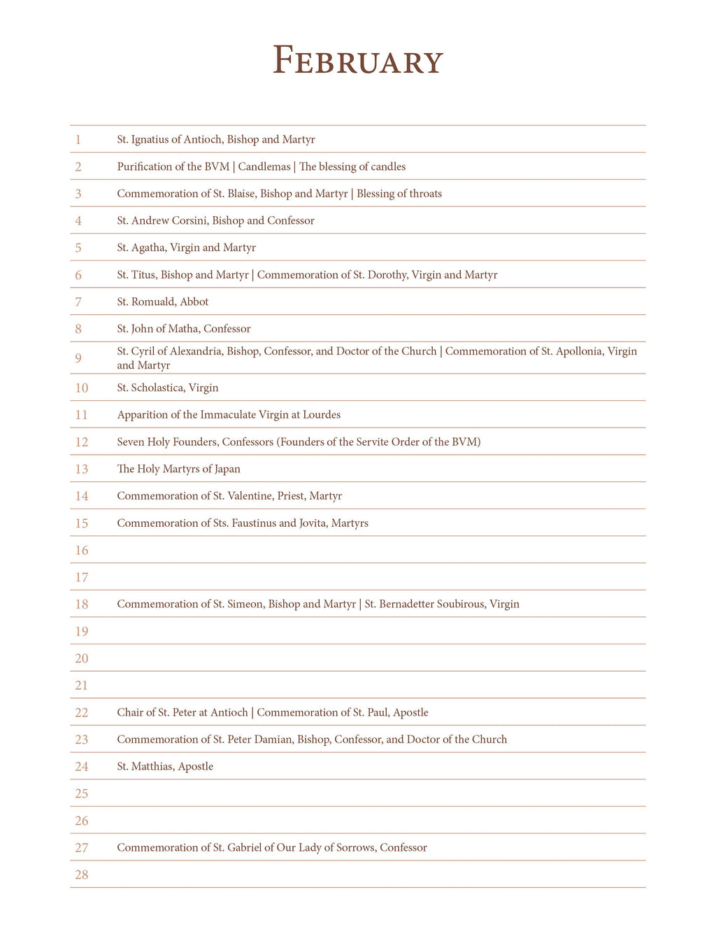 A Perpetual List Calendar of Saints and Non-Moveable Feasts - Liturgical Calendar based on 1962 Missal