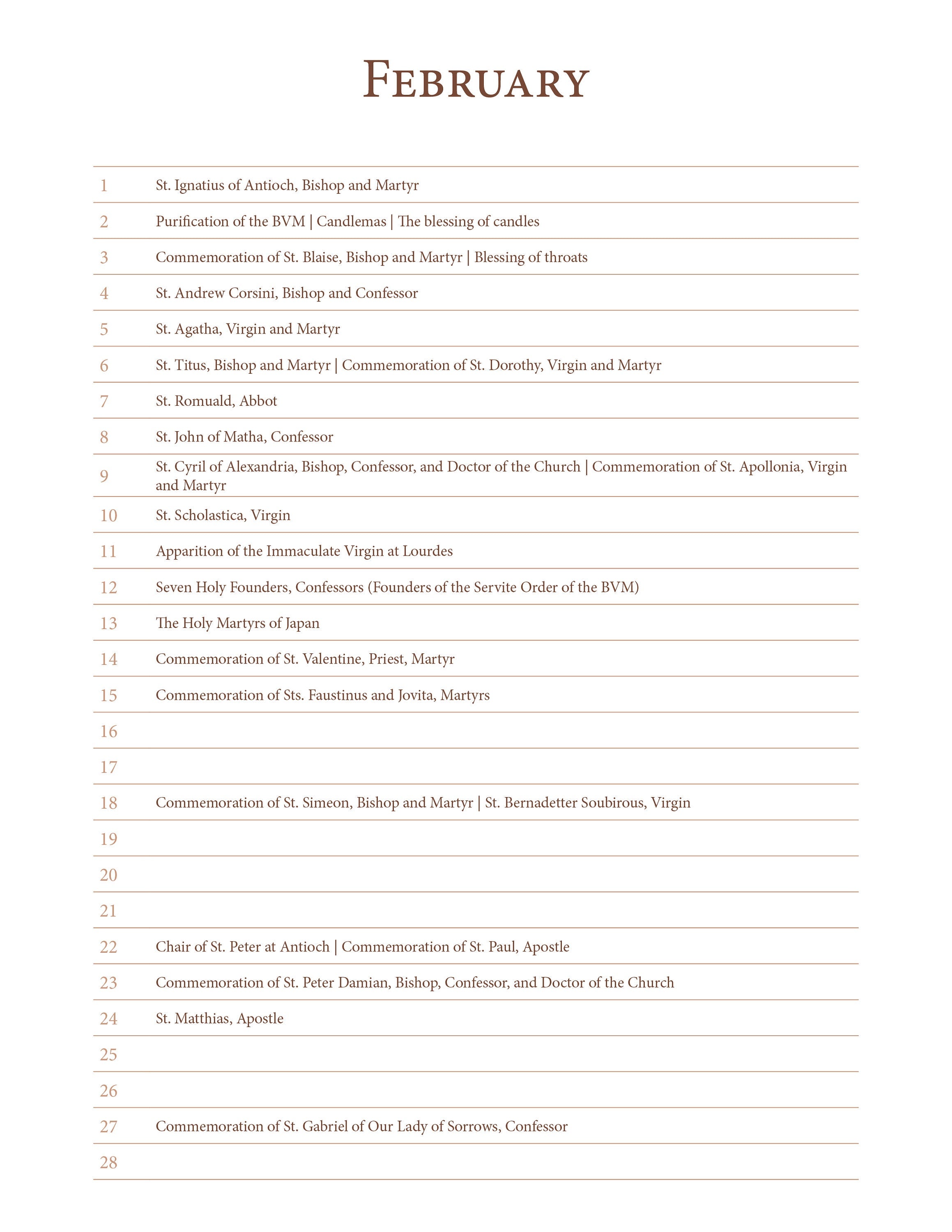 A Perpetual List Calendar of Saints and Non-Moveable Feasts - Liturgical Calendar based on 1962 Missal