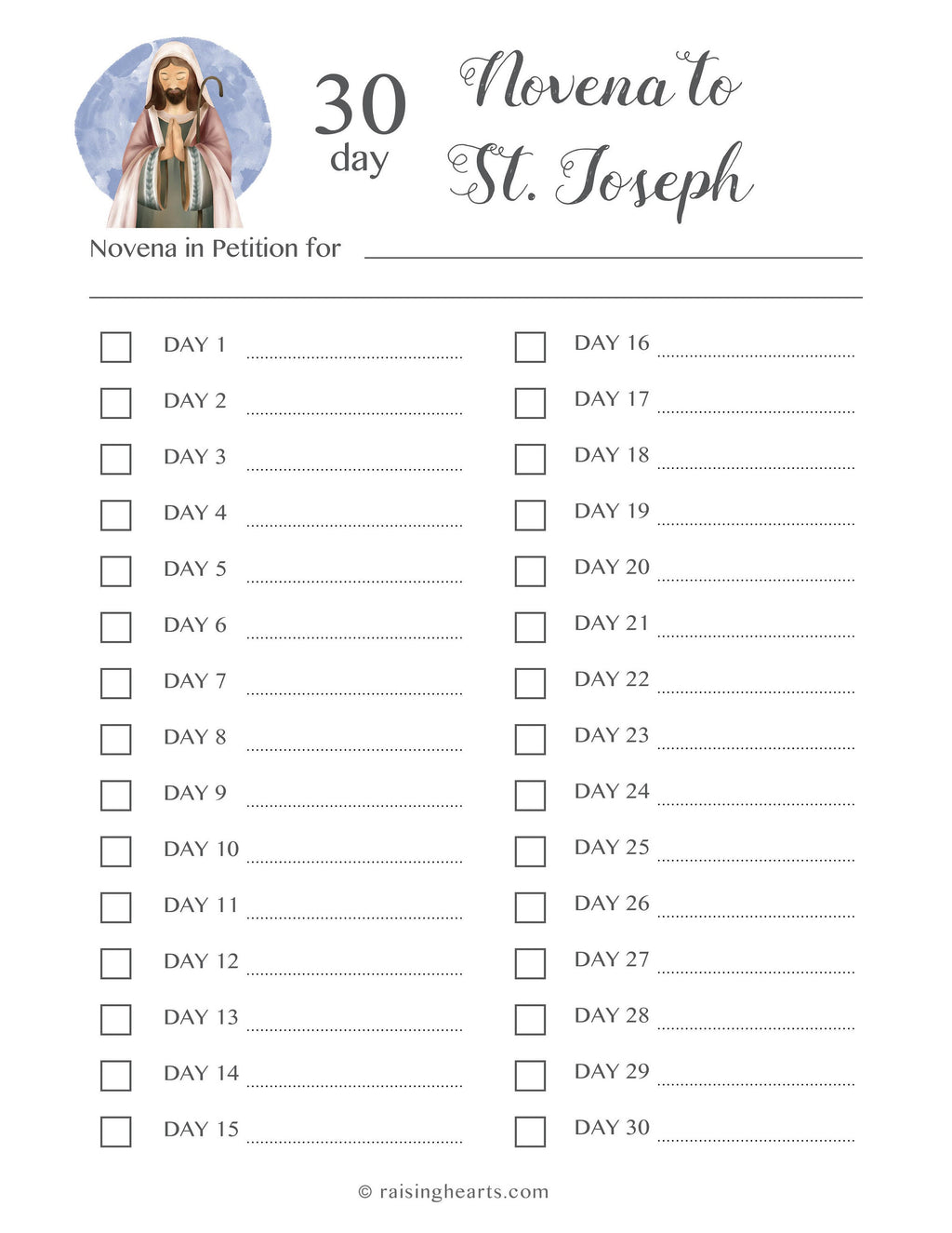 30 day Novena to St. Joseph (Days Tracker)