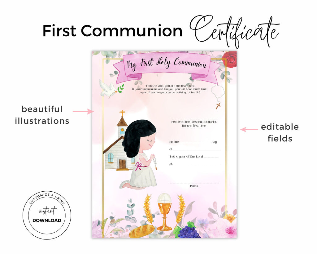 First Communion Certificate for Girls - Editable PDF - Printable A4 Letter size - Pink Theme