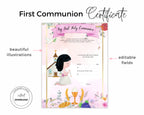 First Communion Certificate for Girls - Editable PDF - Printable A4 Letter size - Pink Theme