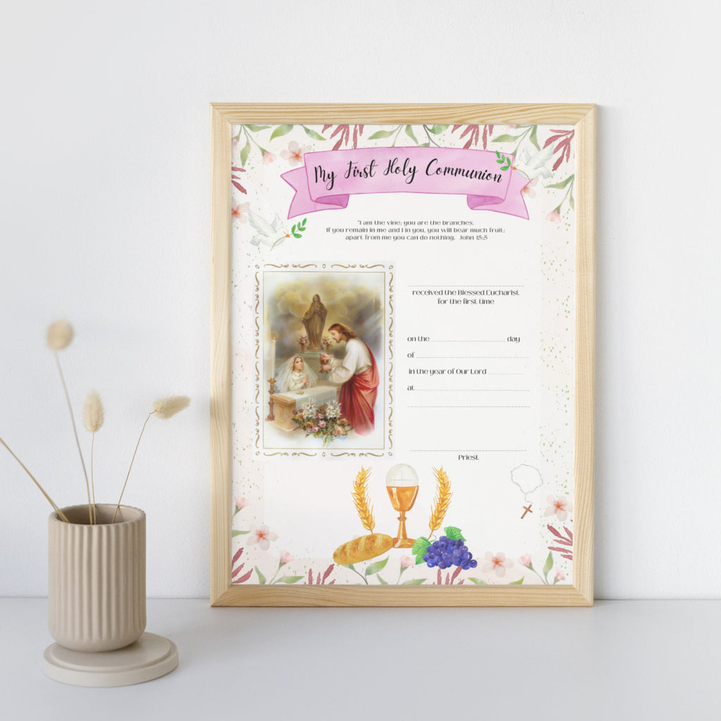 First Communion Certificate for Girls: Pink Floral, Editable (PDF Printable)