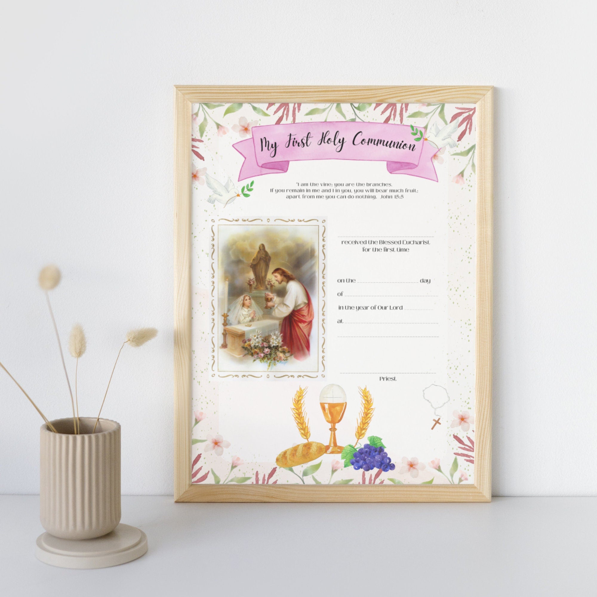 First Communion Certificate for Girls: Pink Floral, Editable (PDF Printable)