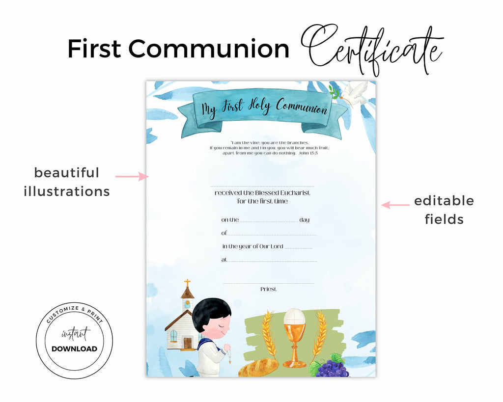 First Communion Certificate for Boys | Editable PDF - Printable A4 Letter size - Blue Color