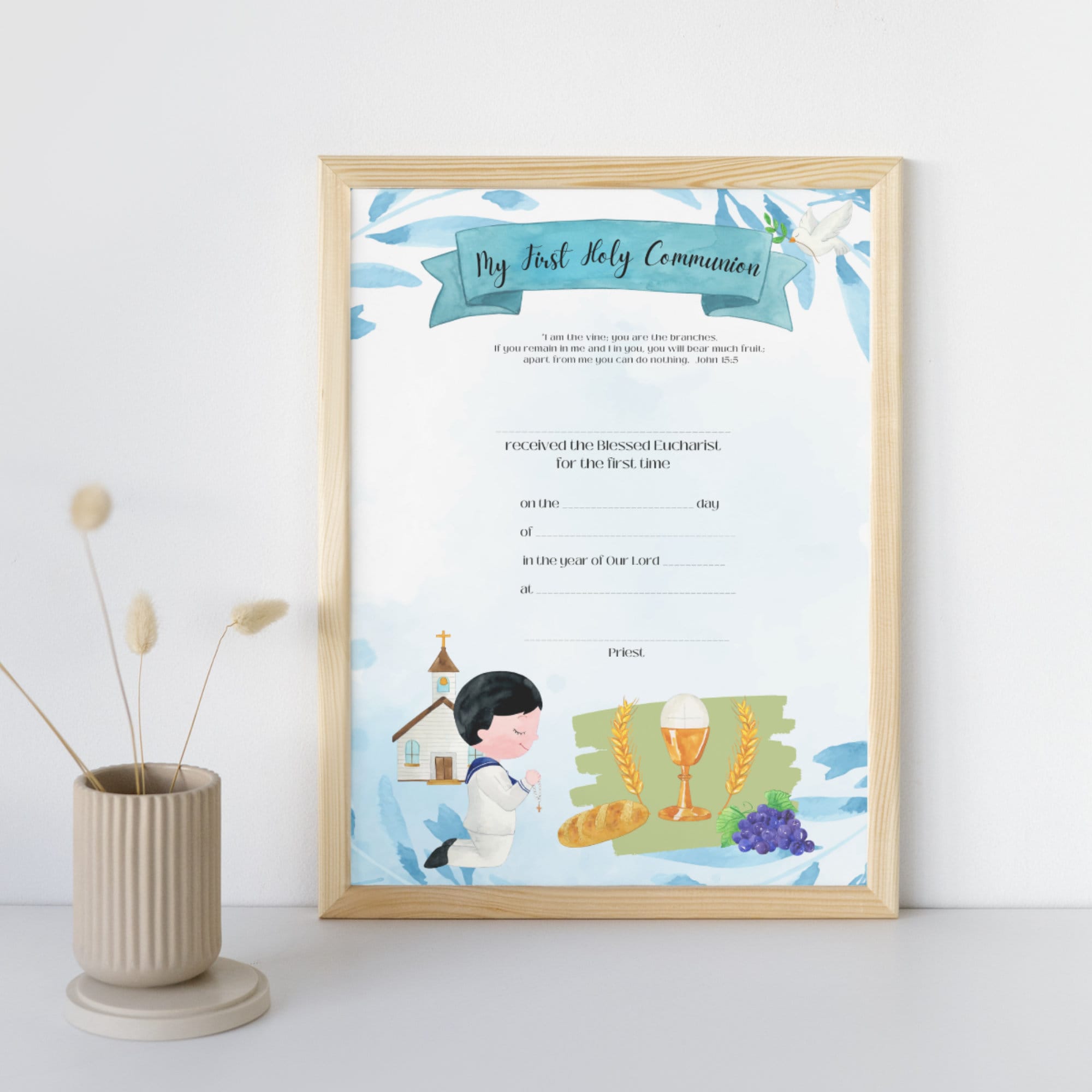 First Communion Certificate for Boys | Editable PDF - Printable A4 Letter size - Blue Color