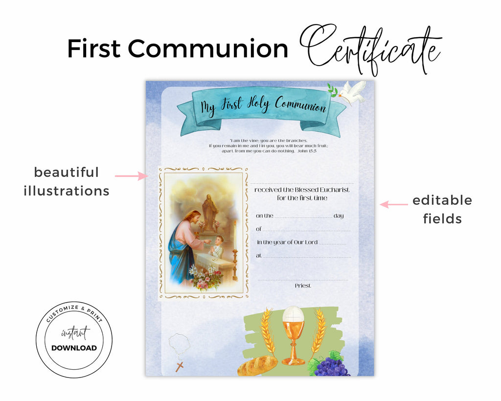 First Communion Certificate for Boys: Editable Keepsake (Printable PDF)