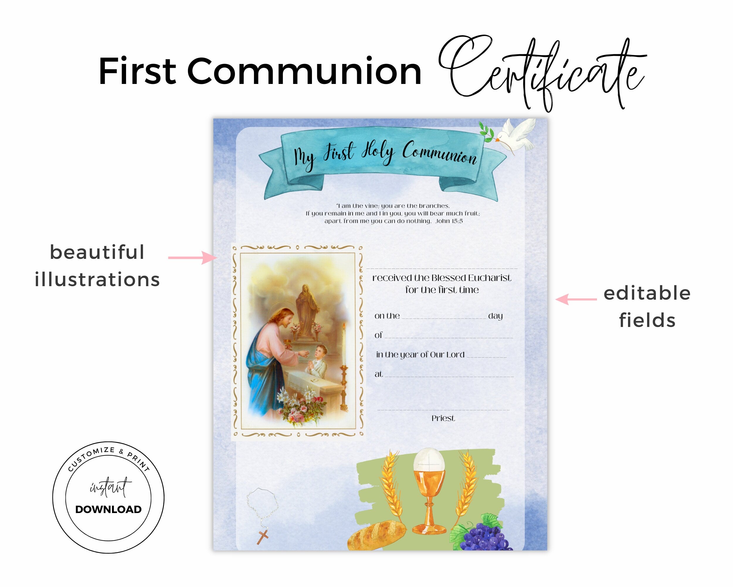 First Communion Certificate for Boys: Editable Keepsake (Printable PDF)