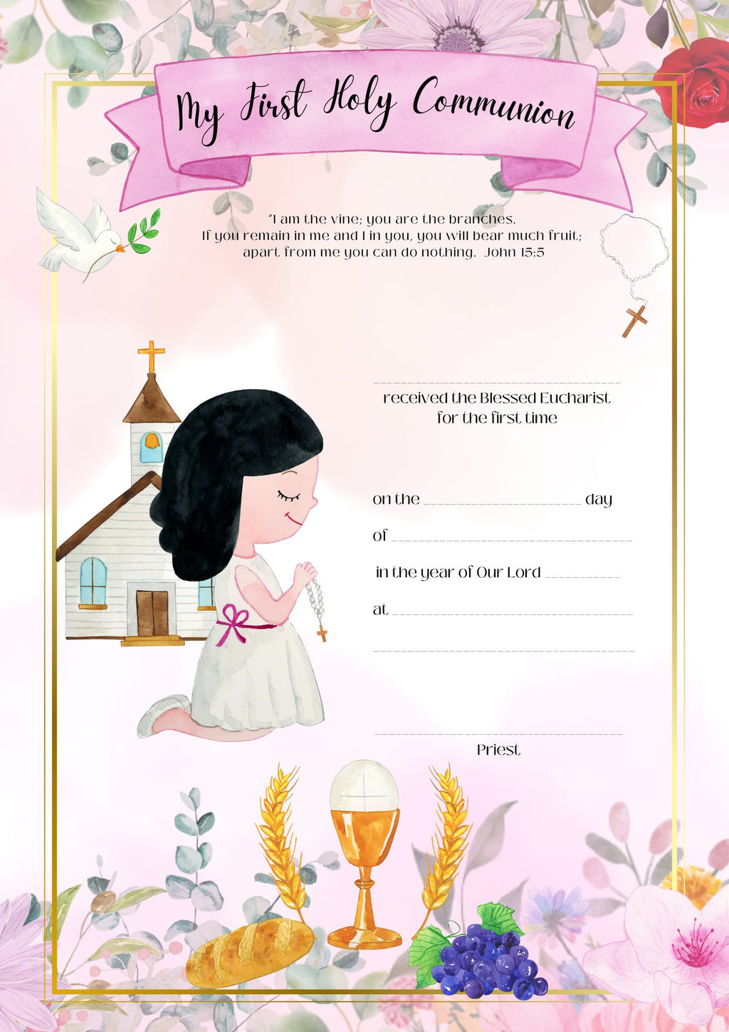 First Communion Certificate for Girls