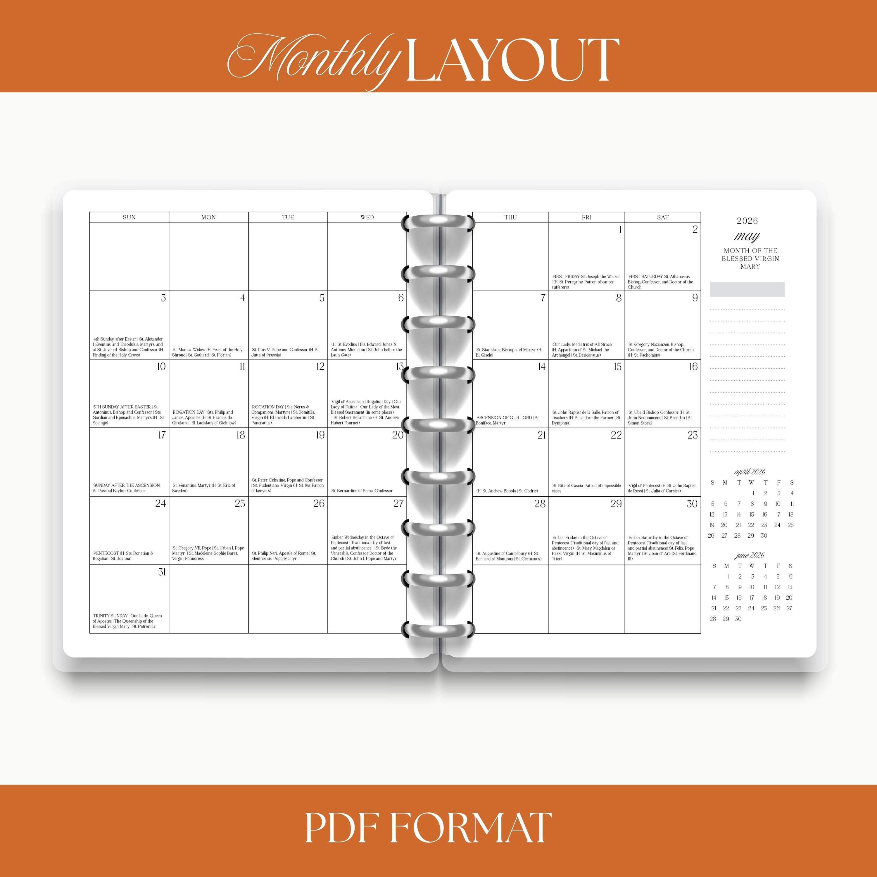 2026 Traditional Catholic Planner: Latin Mass Calendar, Vertical Layout (PDF Printable 8.5x11 Letter Size)