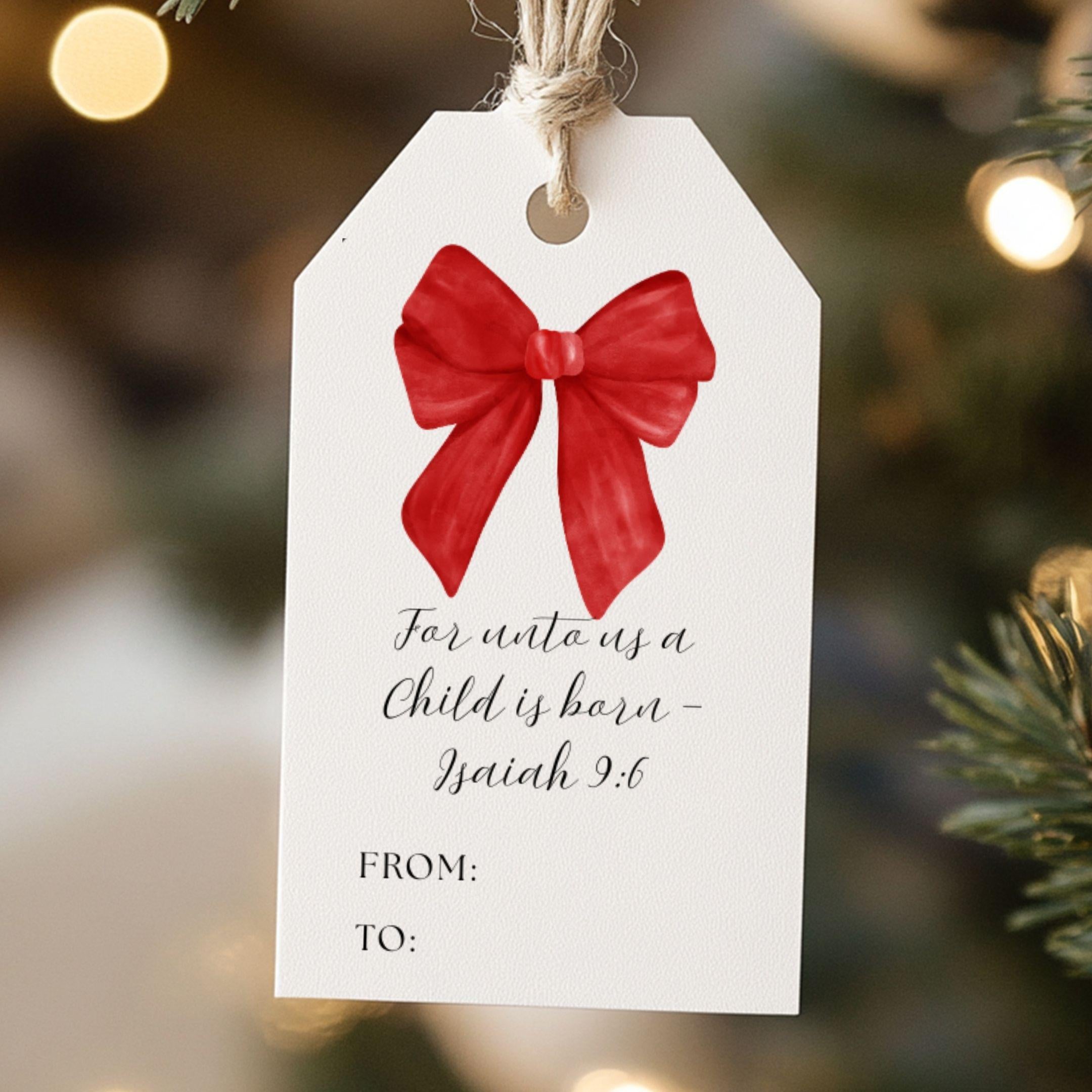 Printable Christmas Gift Tags, Coquette Bows, Bible Verse (Digital Download)
