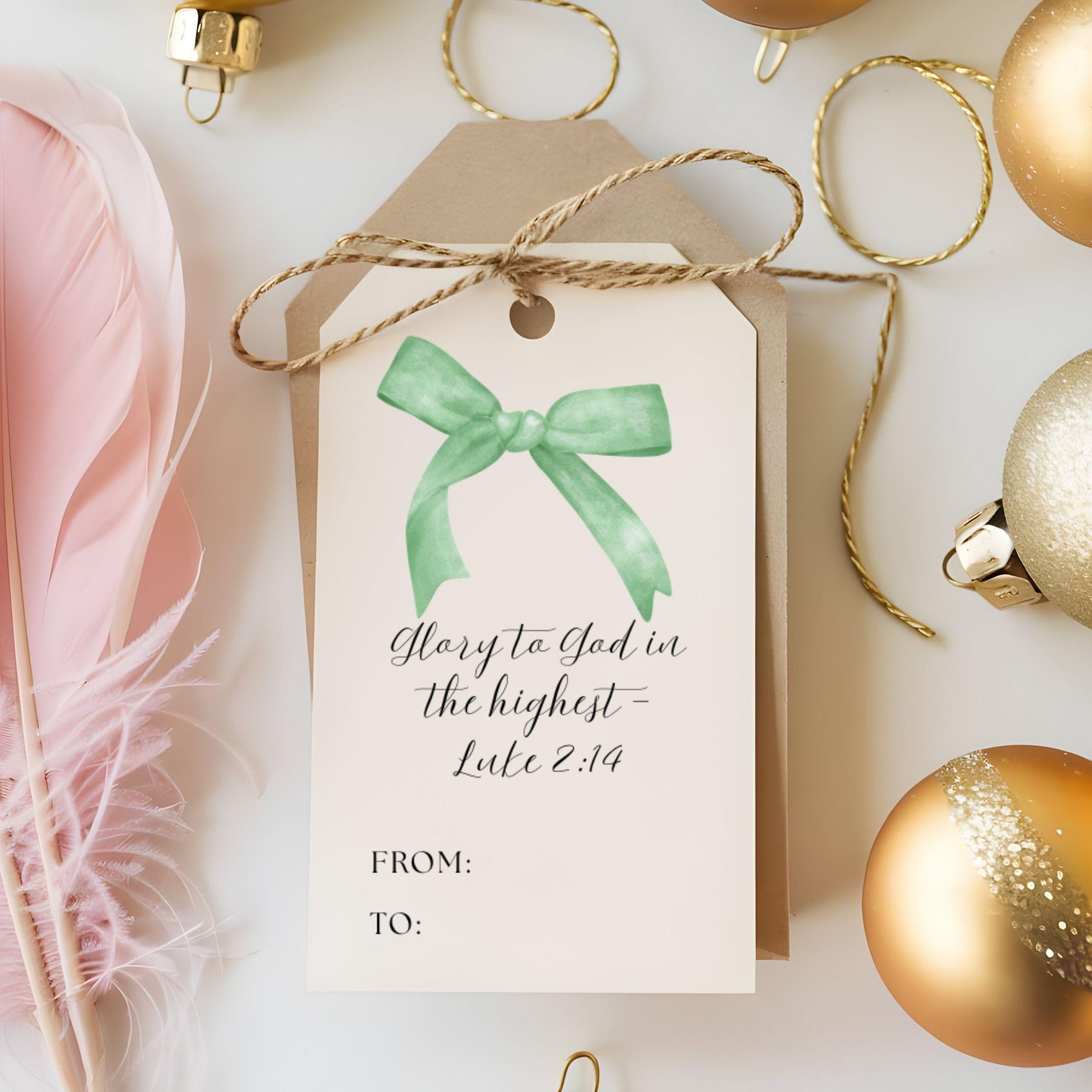 Printable Christmas Gift Tags, Coquette Bows, Bible Verse (Digital Download)