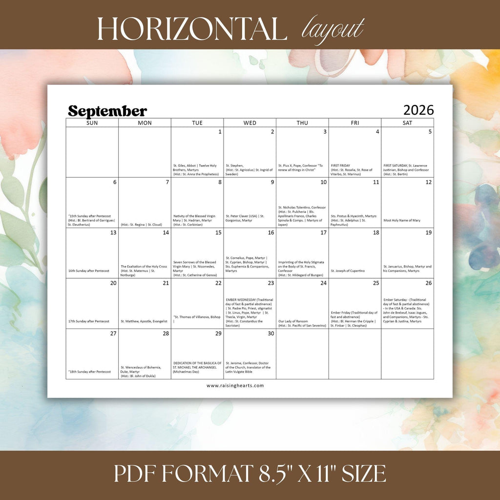2026 Traditional Catholic Calendar: Latin Mass Feasts (Letter Size PDF)