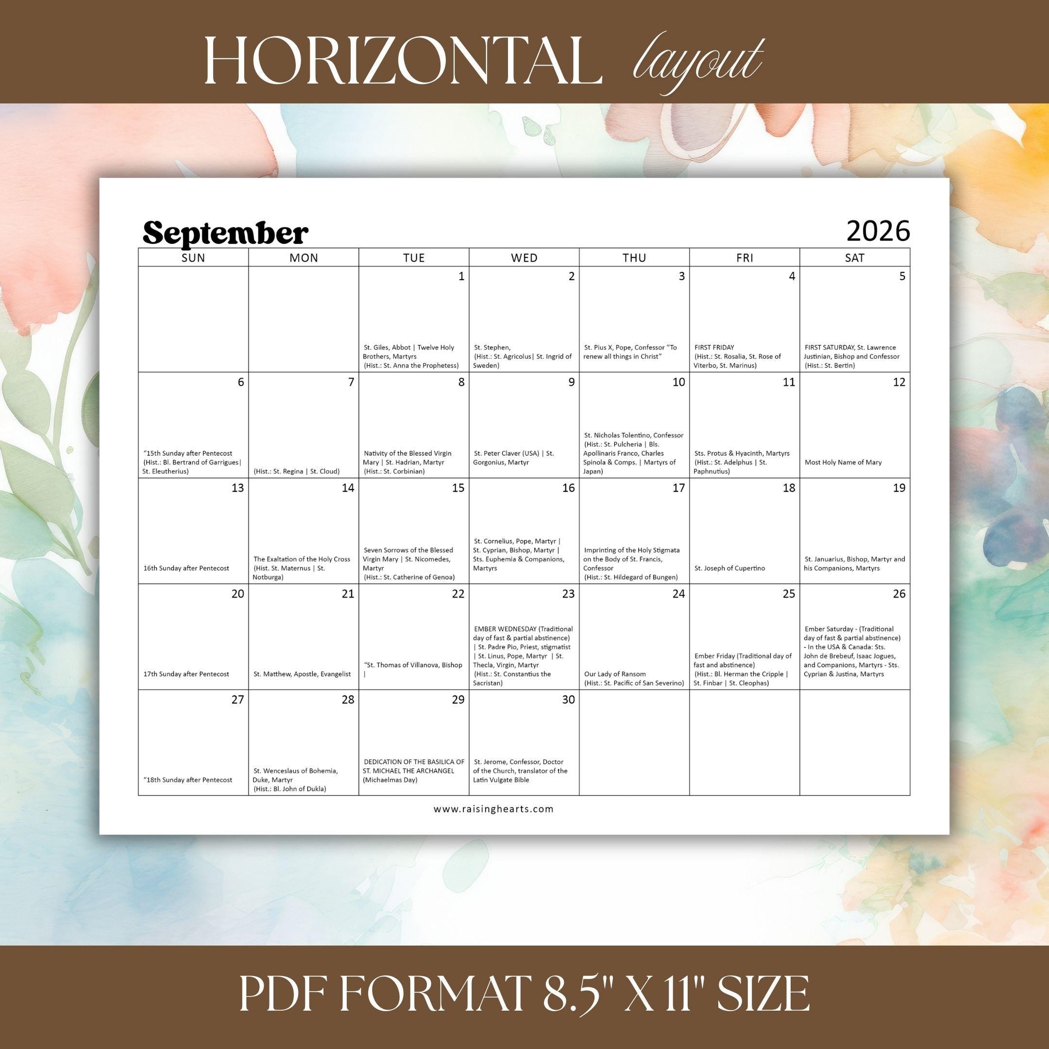 2026 Traditional Catholic Calendar: Latin Mass Feasts (Letter Size PDF)