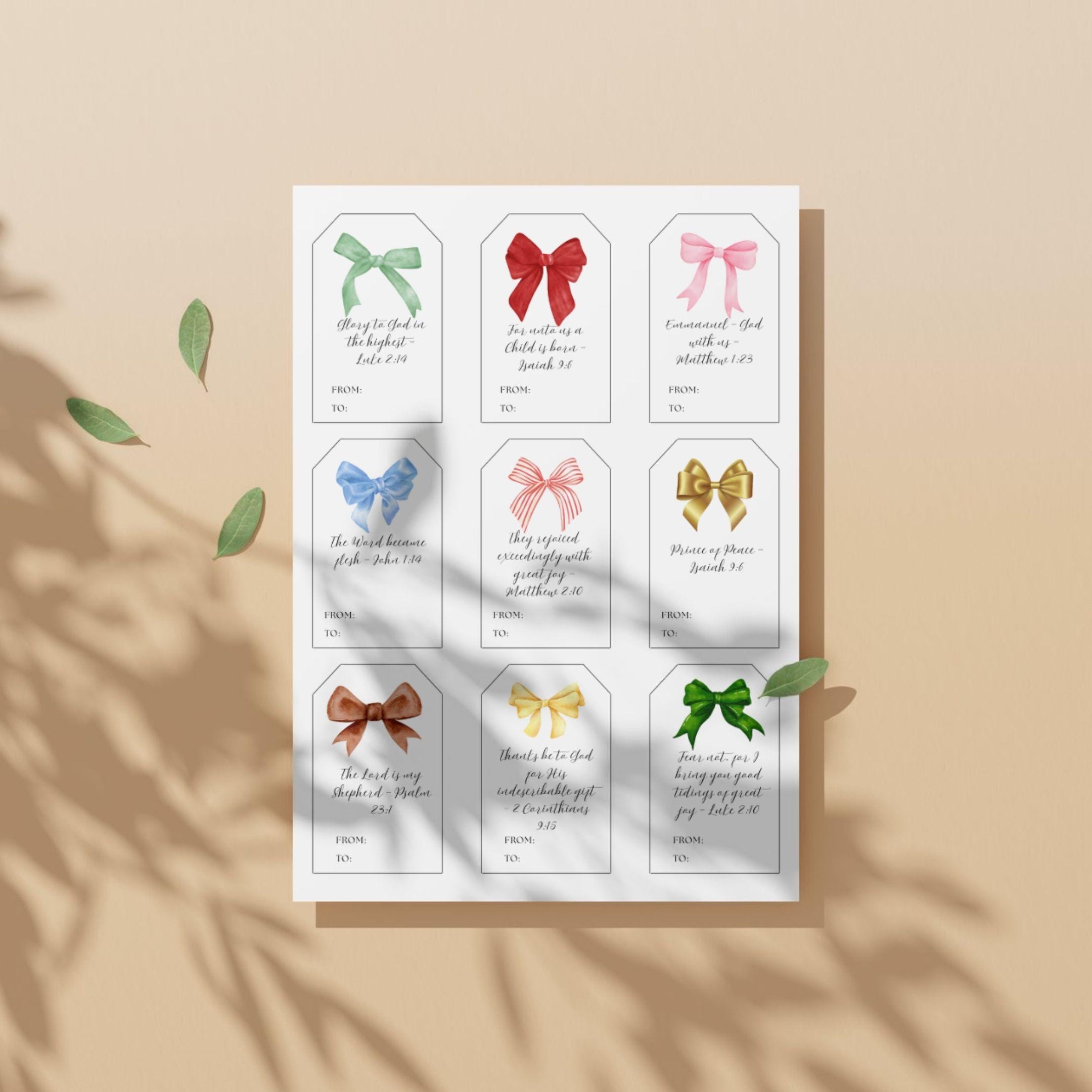 Printable Christmas Gift Tags, Coquette Bows, Bible Verse (Digital Download)