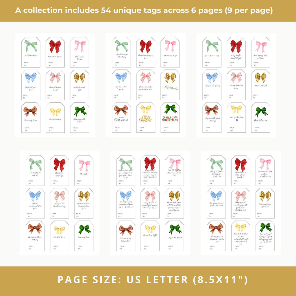 Printable Christmas Gift Tags, Coquette Bows, Bible Verse (Digital Download)