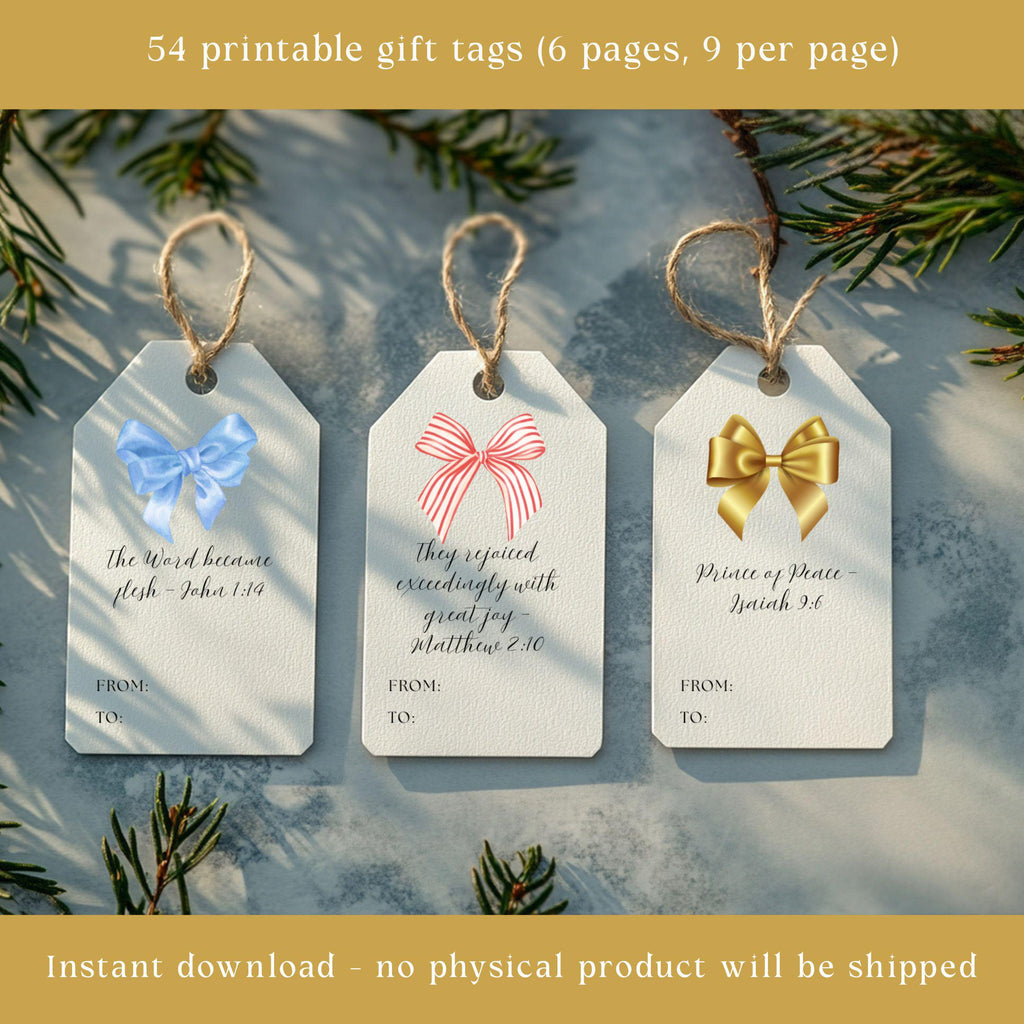 Printable Christmas Gift Tags, Coquette Bows, Bible Verse (Digital Download)