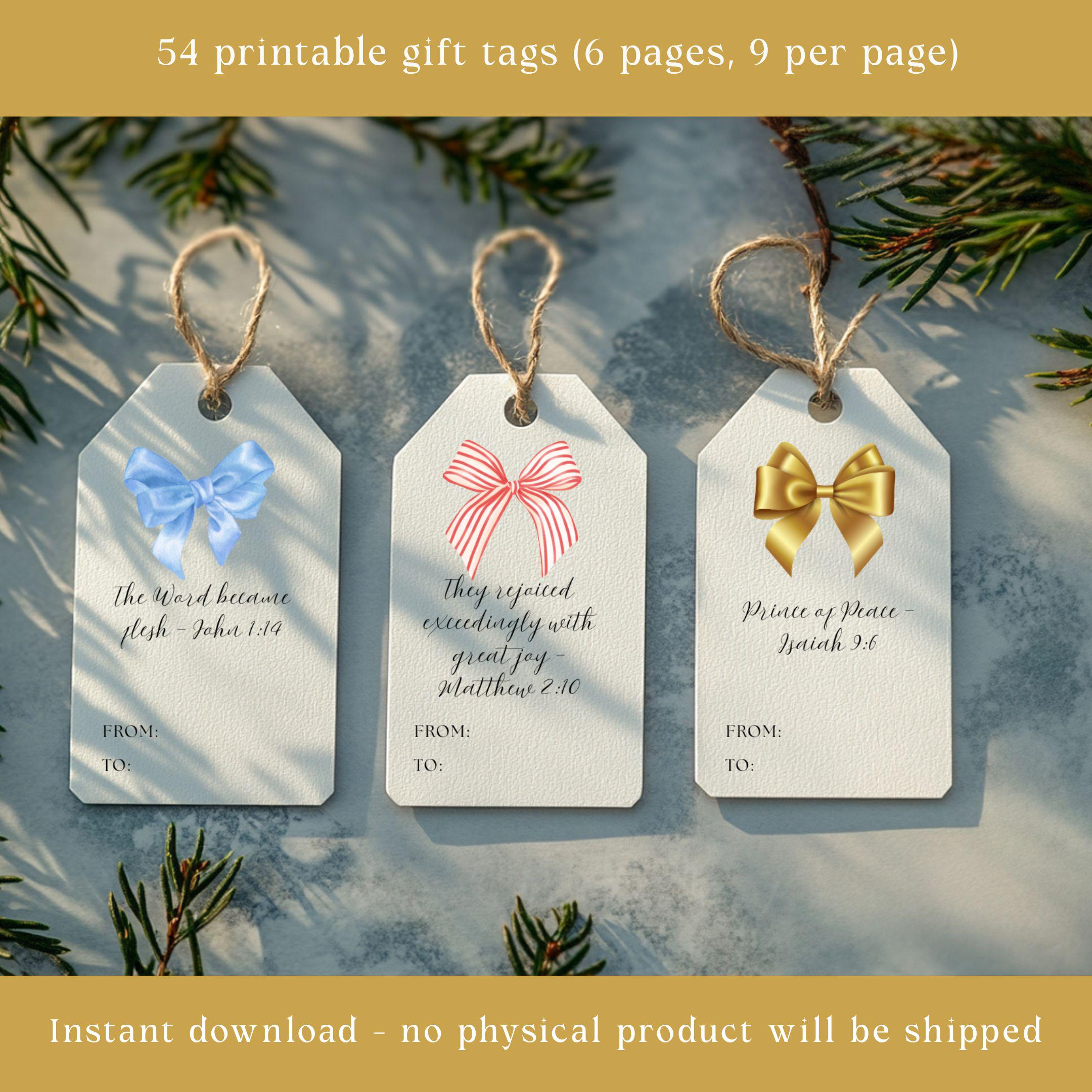 Printable Christmas Gift Tags, Coquette Bows, Bible Verse (Digital Download)