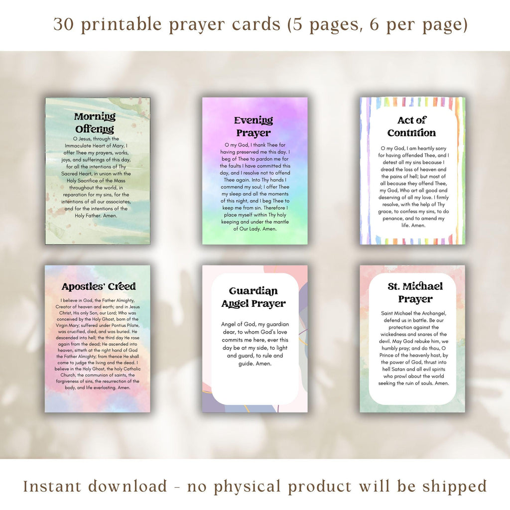 Catholic Prayer Cards: Watercolor Pastel Design (PDF Printable)