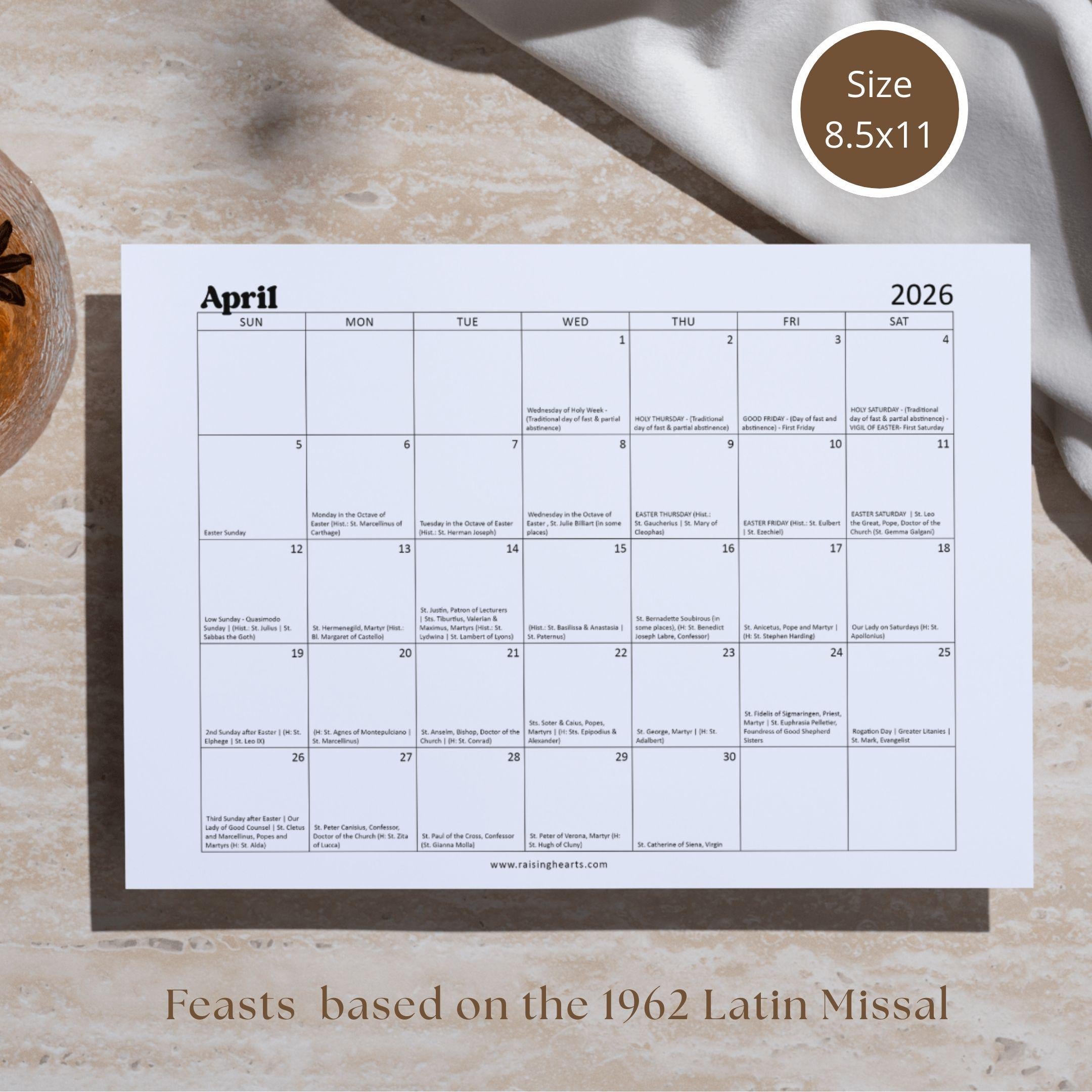 2026 Traditional Catholic Calendar: Latin Mass Feasts (Letter Size PDF)