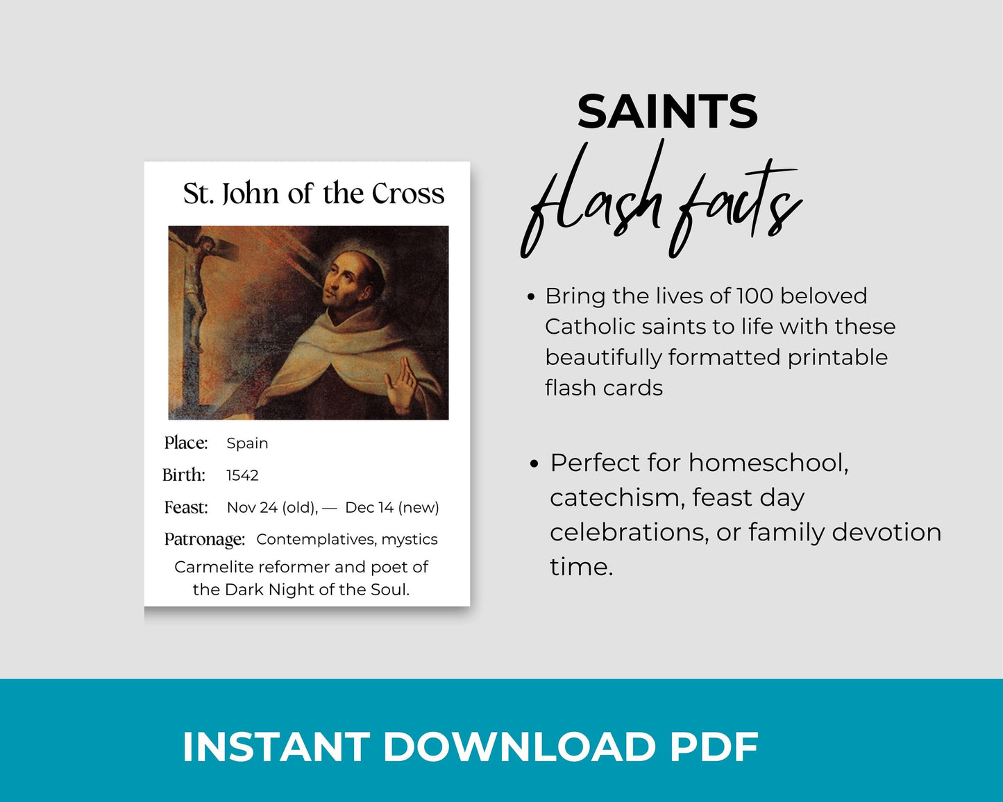 Catholic Saints Flash Cards: Homeschool & Catechism (Printable PDF)