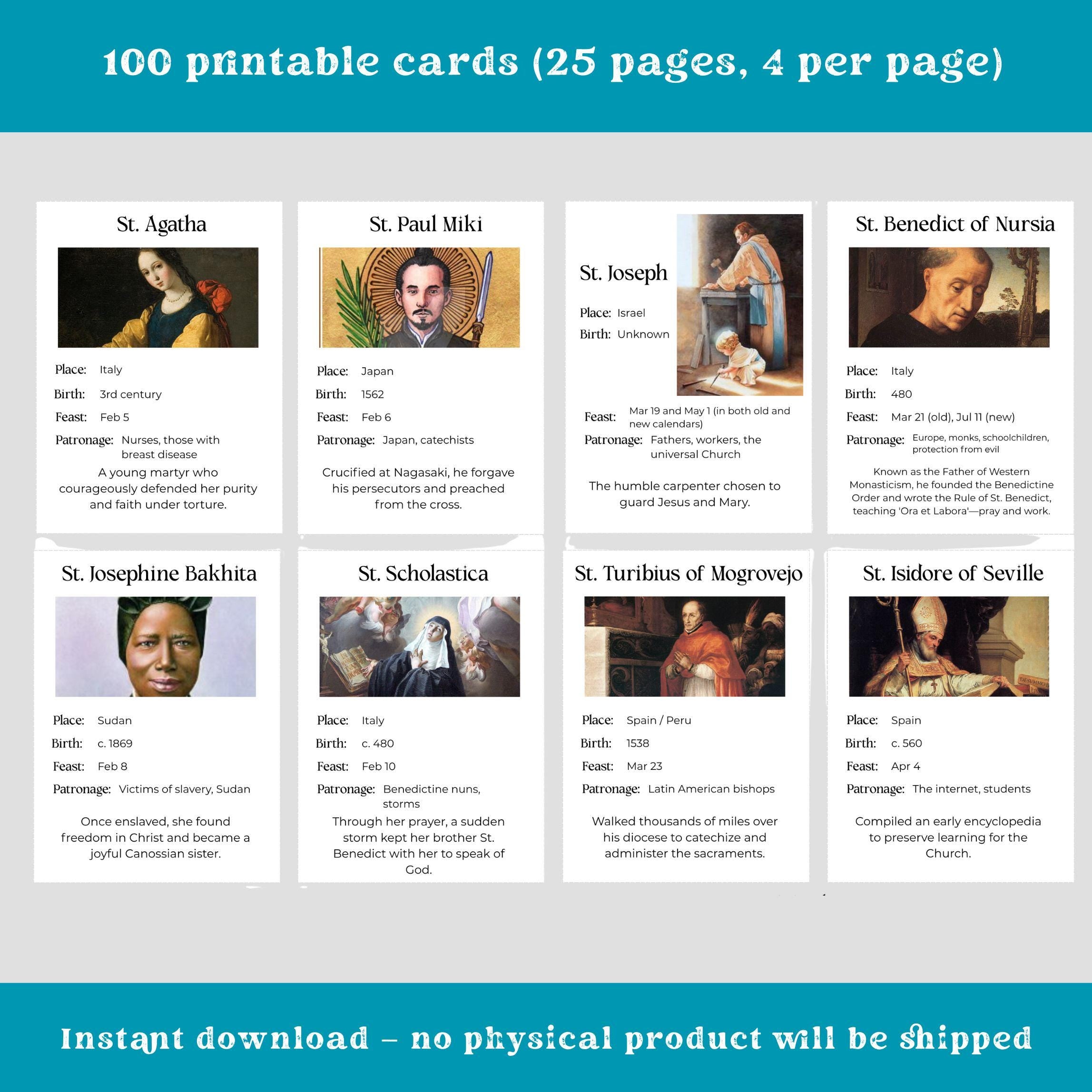 Catholic Saints Flash Cards: Homeschool & Catechism (Printable PDF)