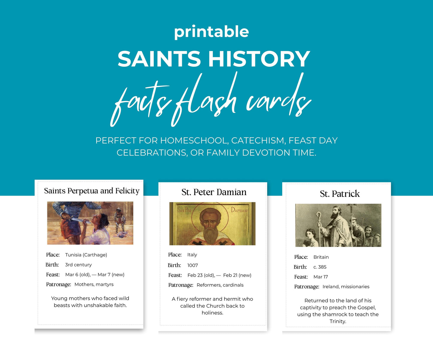 Catholic Saints Flash Cards: Homeschool & Catechism (Printable PDF)