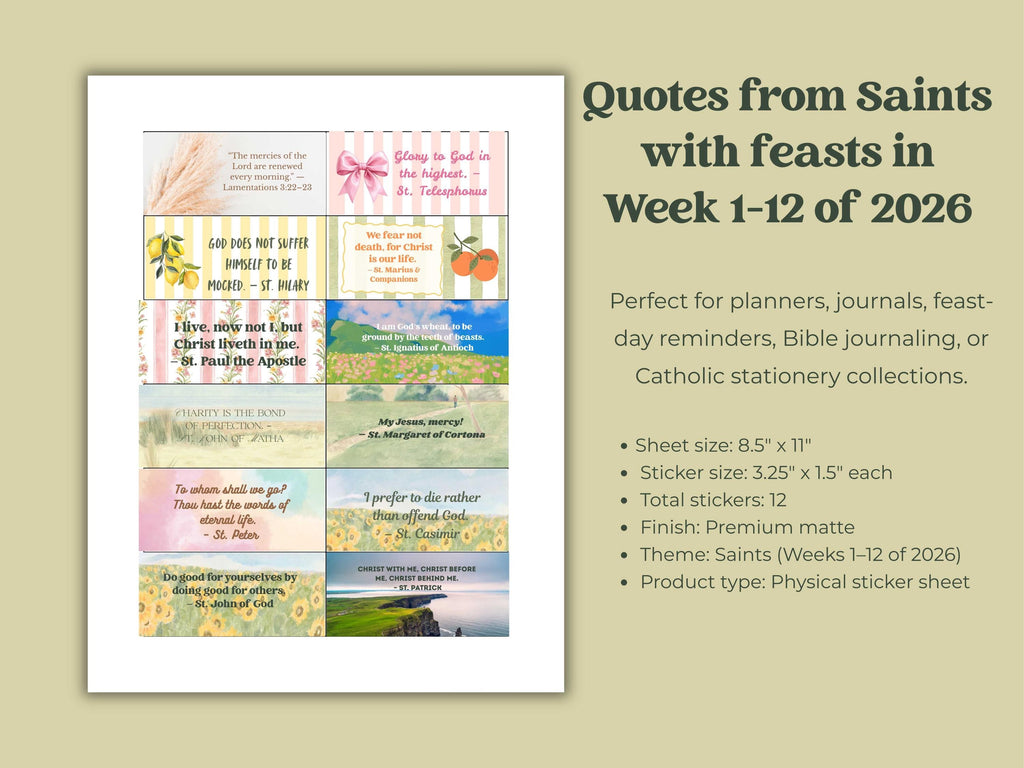 2026 Saints Quote Sticker Sheet – Weeks 1–12 Traditional Catholic feasts