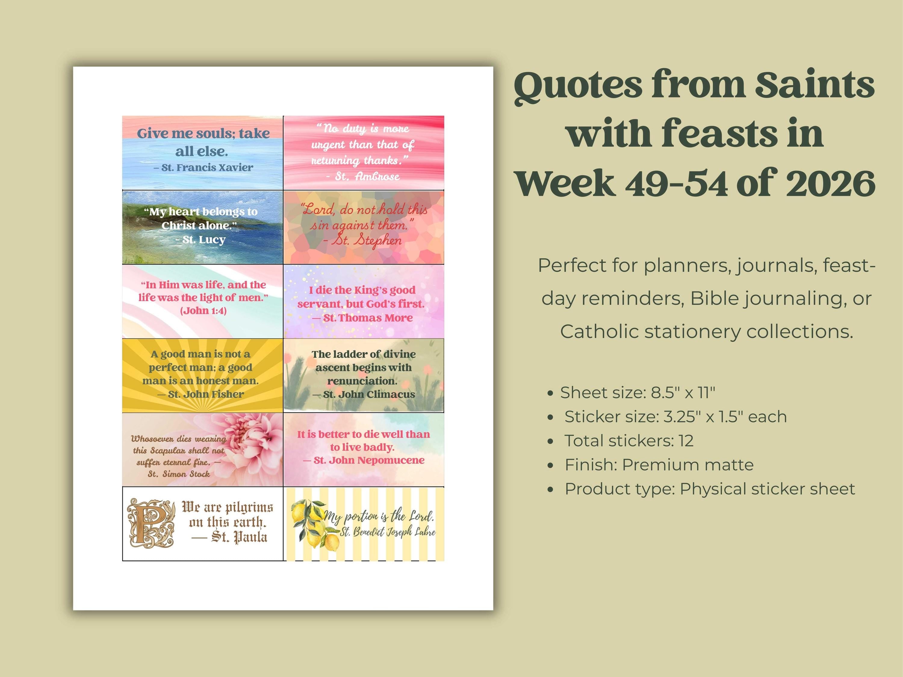 2026 Saints Quote Sticker Sheet – Weeks 49–54 + Bonus Saints