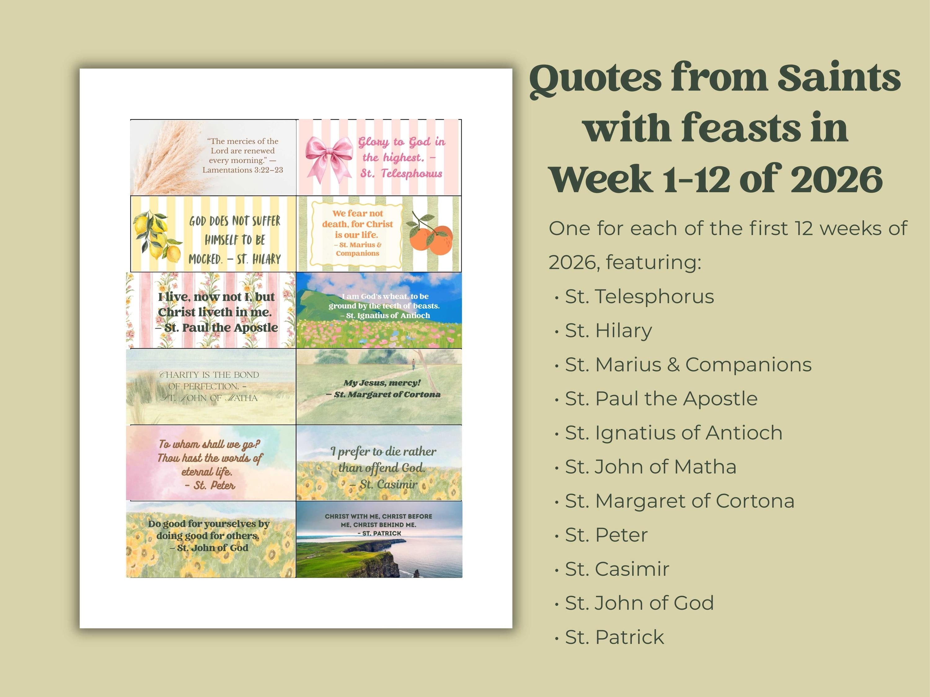 2026 Saints Quote Sticker Sheet – Weeks 1–12 Traditional Catholic feasts