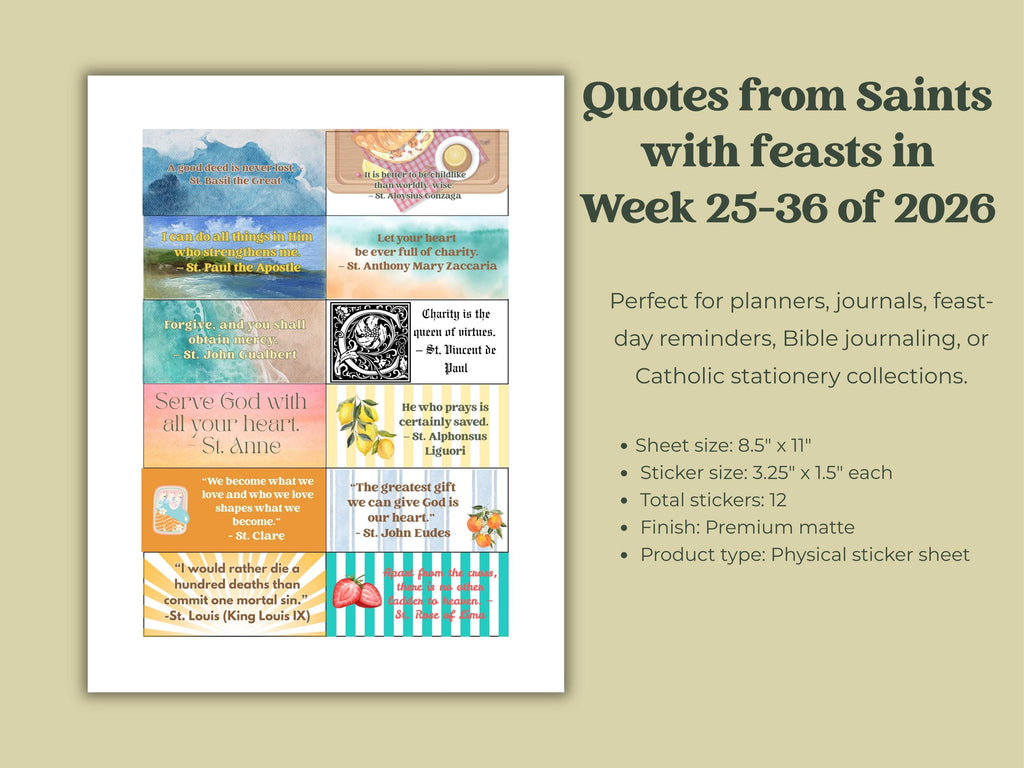 2026 Saints Quote Sticker Sheet – Weeks 25-36 Traditional Catholic feasts