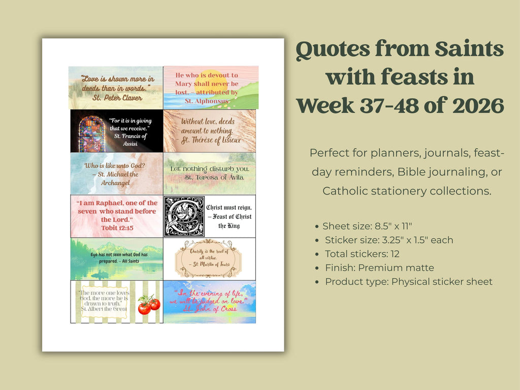2026 Saints Quote Sticker Sheet – Weeks 37-48 Traditional Catholic feasts