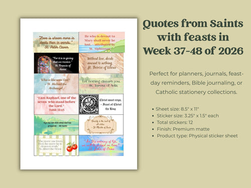 2026 Saints Quote Sticker Sheet – Weeks 37-48 Traditional Catholic feasts