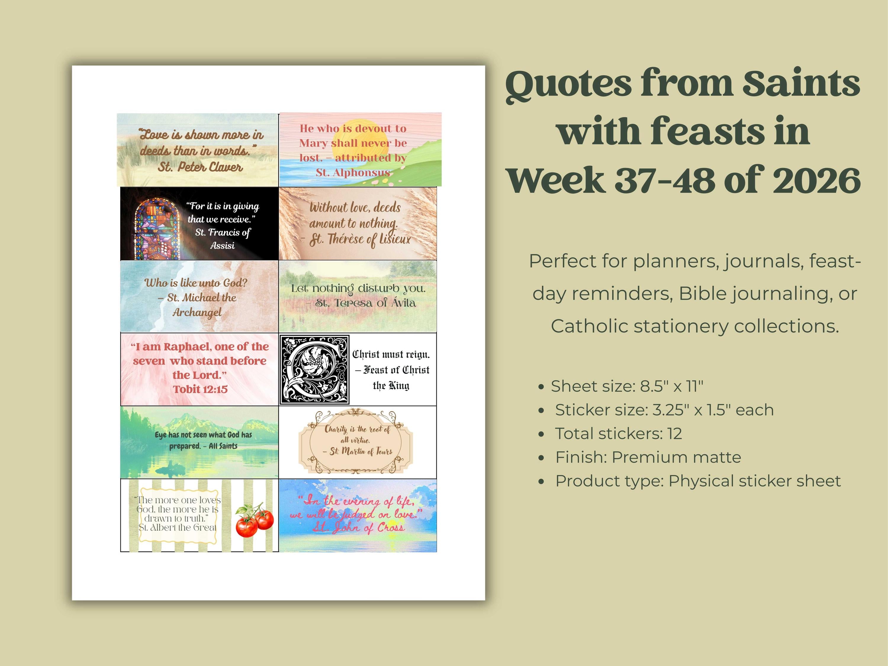 2026 Saints Quote Sticker Sheet – Weeks 37-48 Traditional Catholic feasts