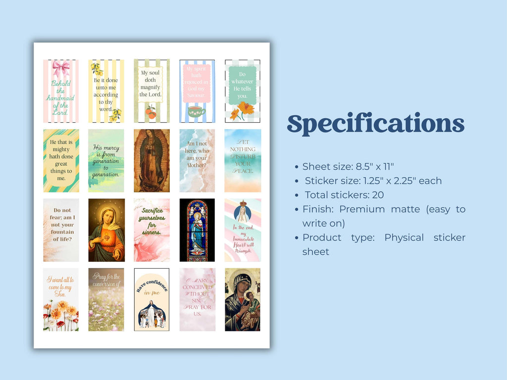 Immaculate Heart Catholic Sticker Sheet – 20 Planner Stickers (8.5” x 11”)