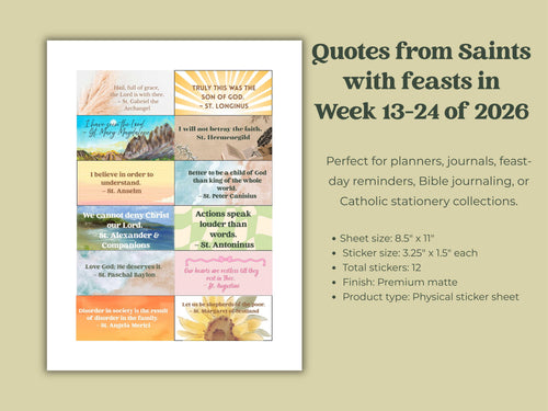 2026 Saints Quote Sticker Sheet – Weeks 13–24 Traditional Catholic feasts