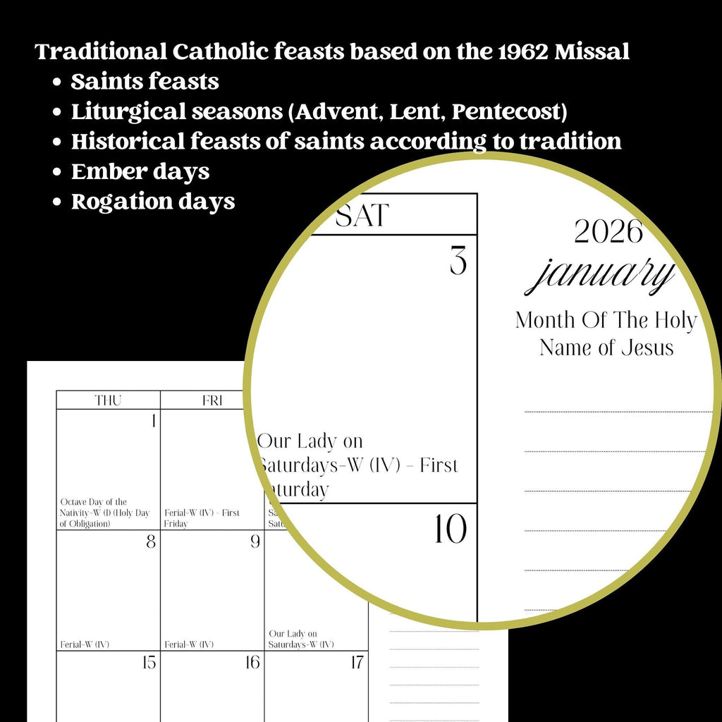2026 Traditional Catholic, Monthly Planner pages only (PDF Printable A4 and Letter 8.5x11 Size)