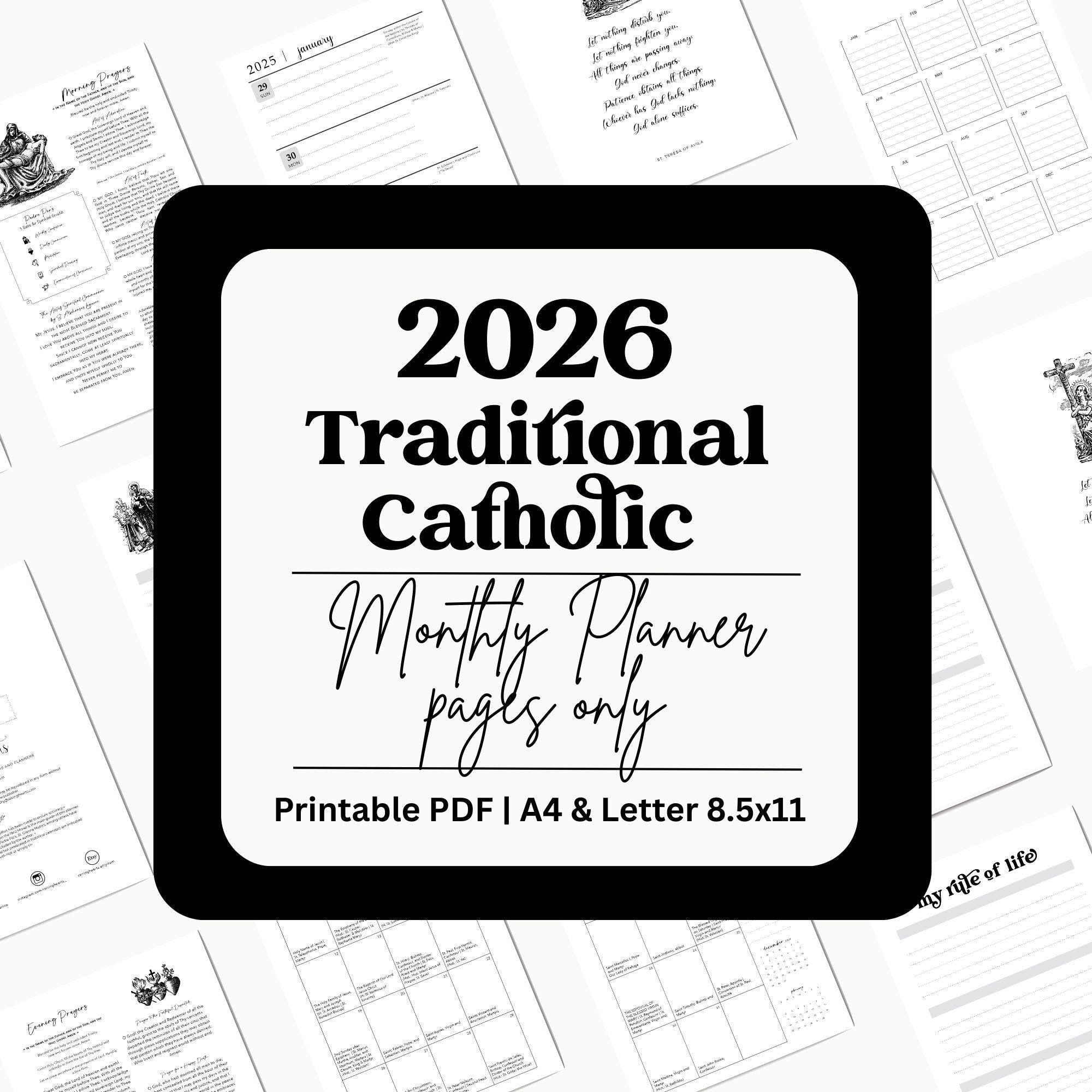2026 Traditional Catholic, Monthly Planner pages only (PDF Printable A4 and Letter 8.5x11 Size)
