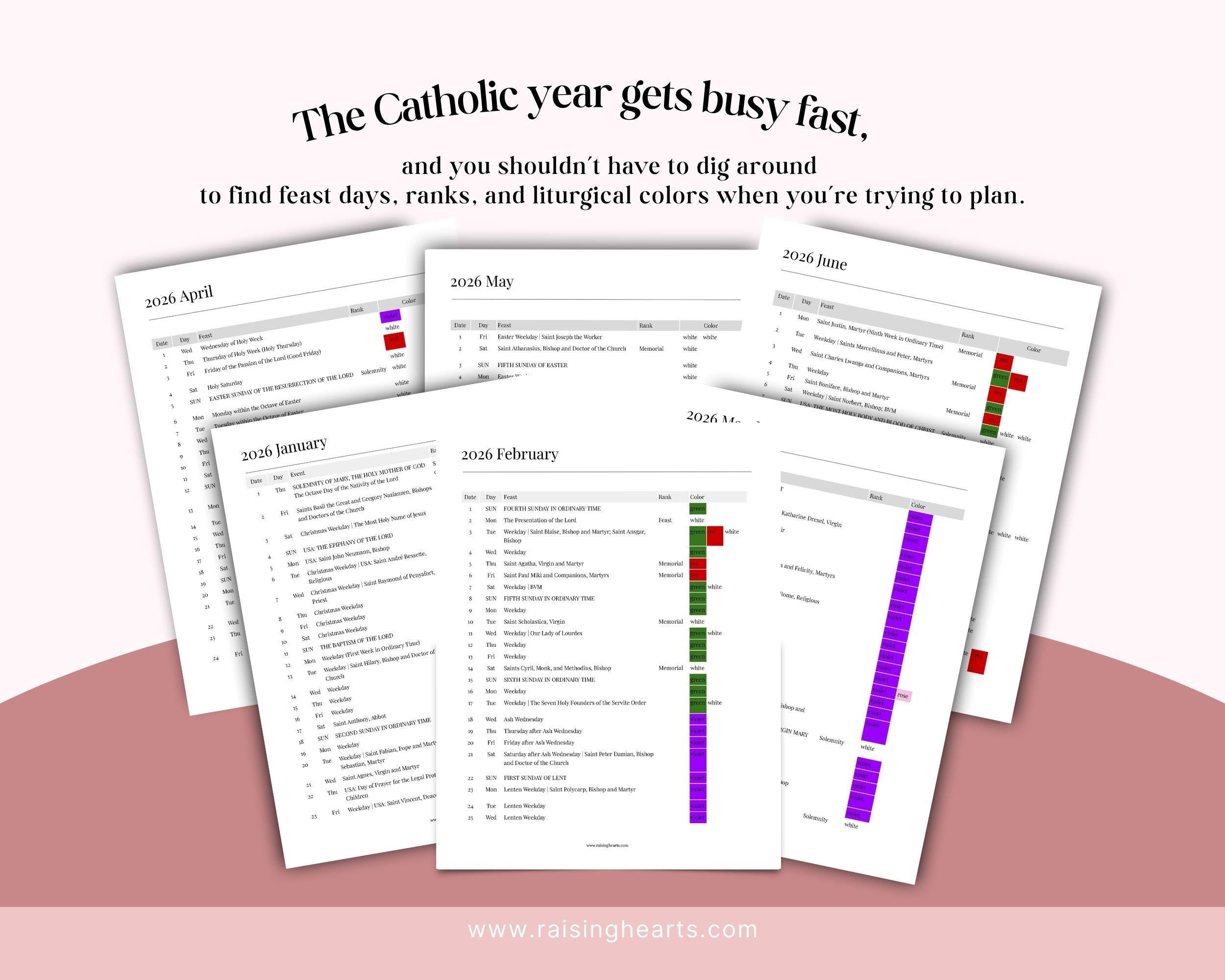2026 US Catholic Liturgical Calendar PDF: Color Coded Feasts, Ranks, and Liturgical Colors, Printable 8.5x11