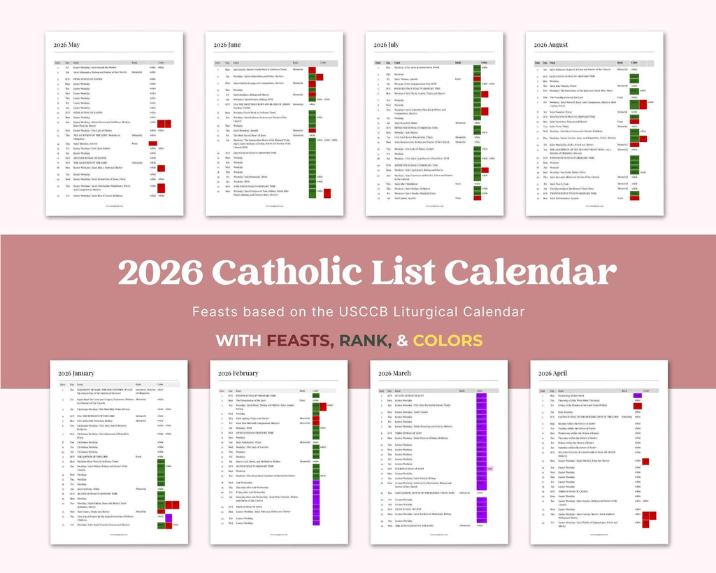 2026 US Catholic Liturgical Calendar PDF: Color Coded Feasts, Ranks, and Liturgical Colors, Printable 8.5x11