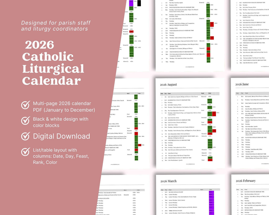 2026 US Catholic Liturgical Calendar PDF: Color Coded Feasts, Ranks, and Liturgical Colors, Printable 8.5x11