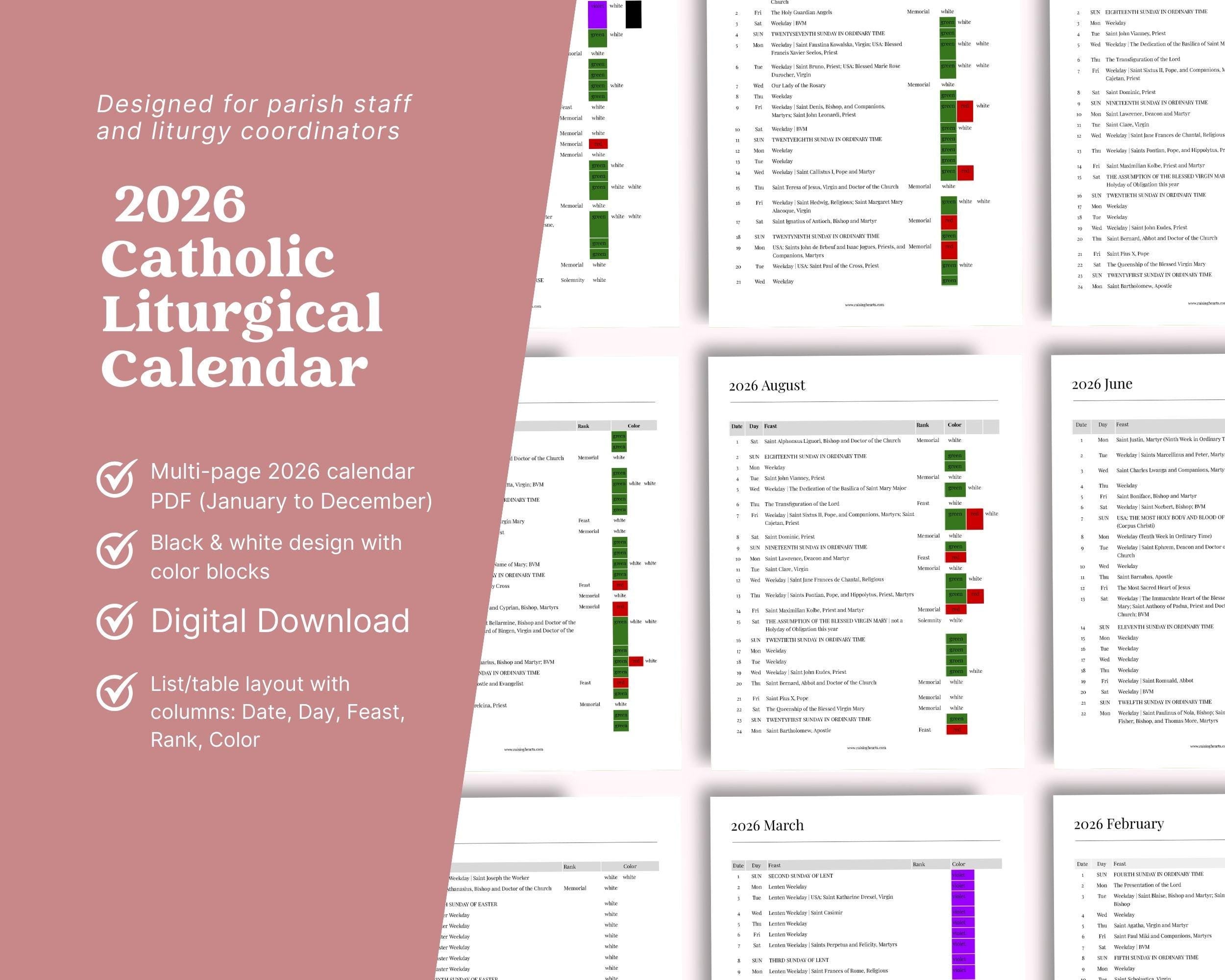 2026 US Catholic Liturgical Calendar PDF: Color Coded Feasts, Ranks, and Liturgical Colors, Printable 8.5x11