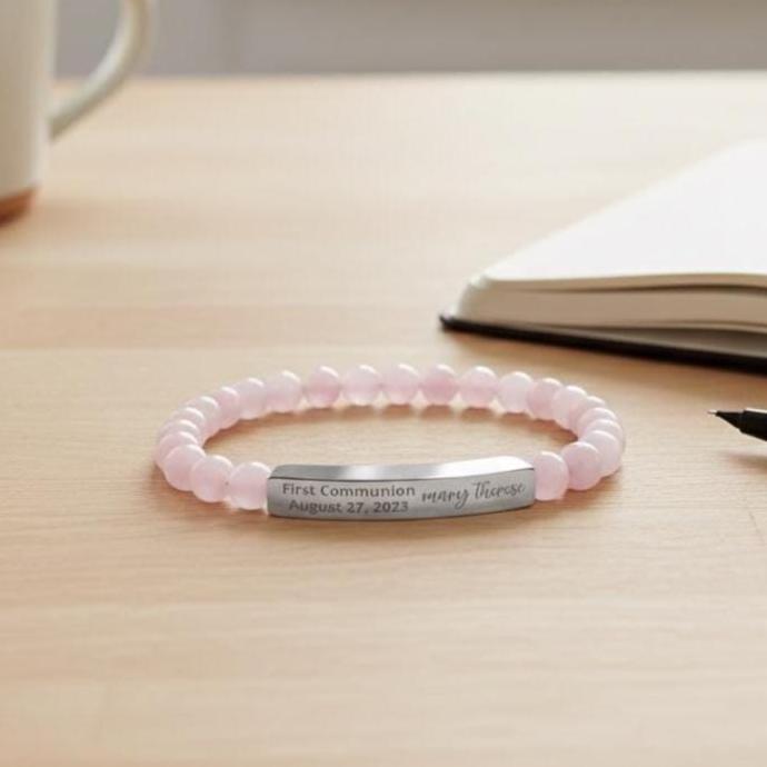 Personalized First Holy Communion Bracelet, Rose Quartz Catholic Jewelry with Engraved Name and Date