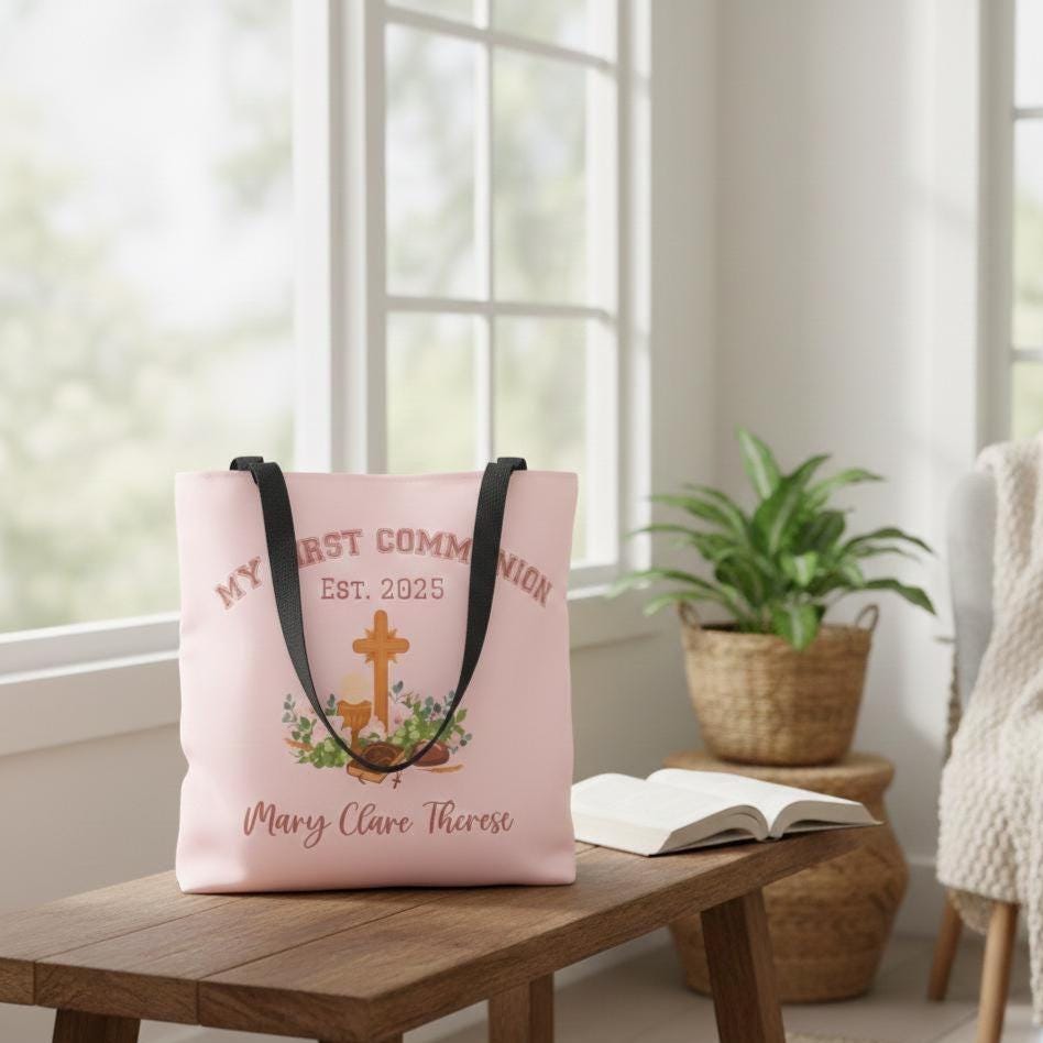 Personalized First Holy Communion Tote Bag, Custom Catholic Gift with Name or Bible Verse